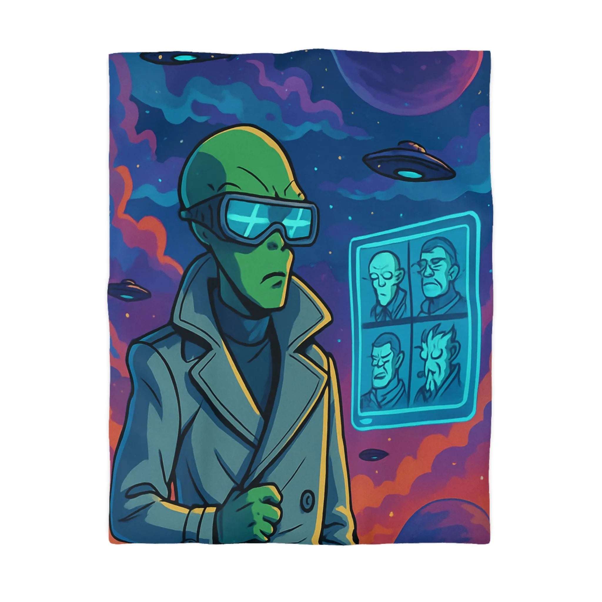 Housse de Couette Futuriste avec Alien et OVNIs, Style Bande Dessinée Colorée Science-Fiction