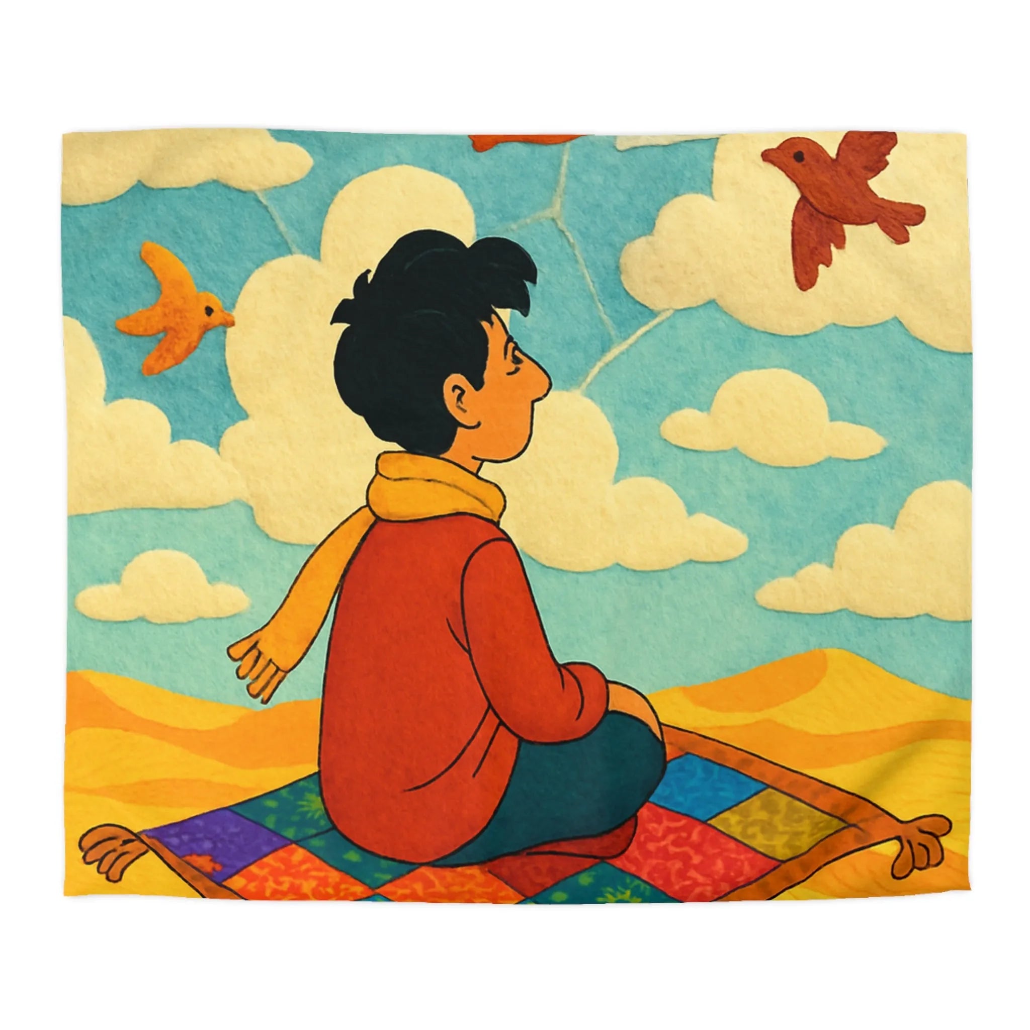 Housse de couette magique avec tapis volant et oiseaux colorés dans le ciel