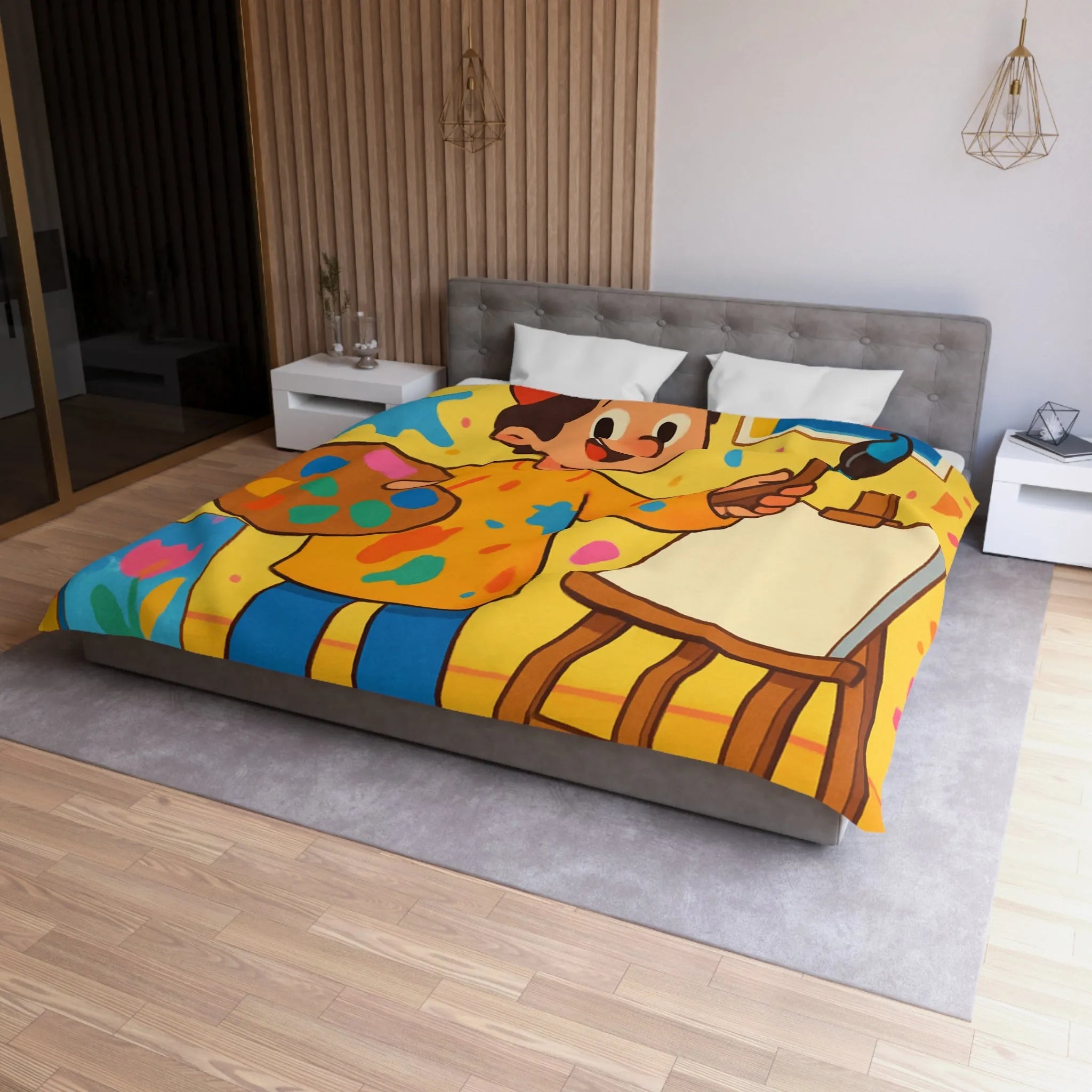 Housse de Couette Colorée avec Motif Artiste Enfant Peignant dans un Atelier Joyeux