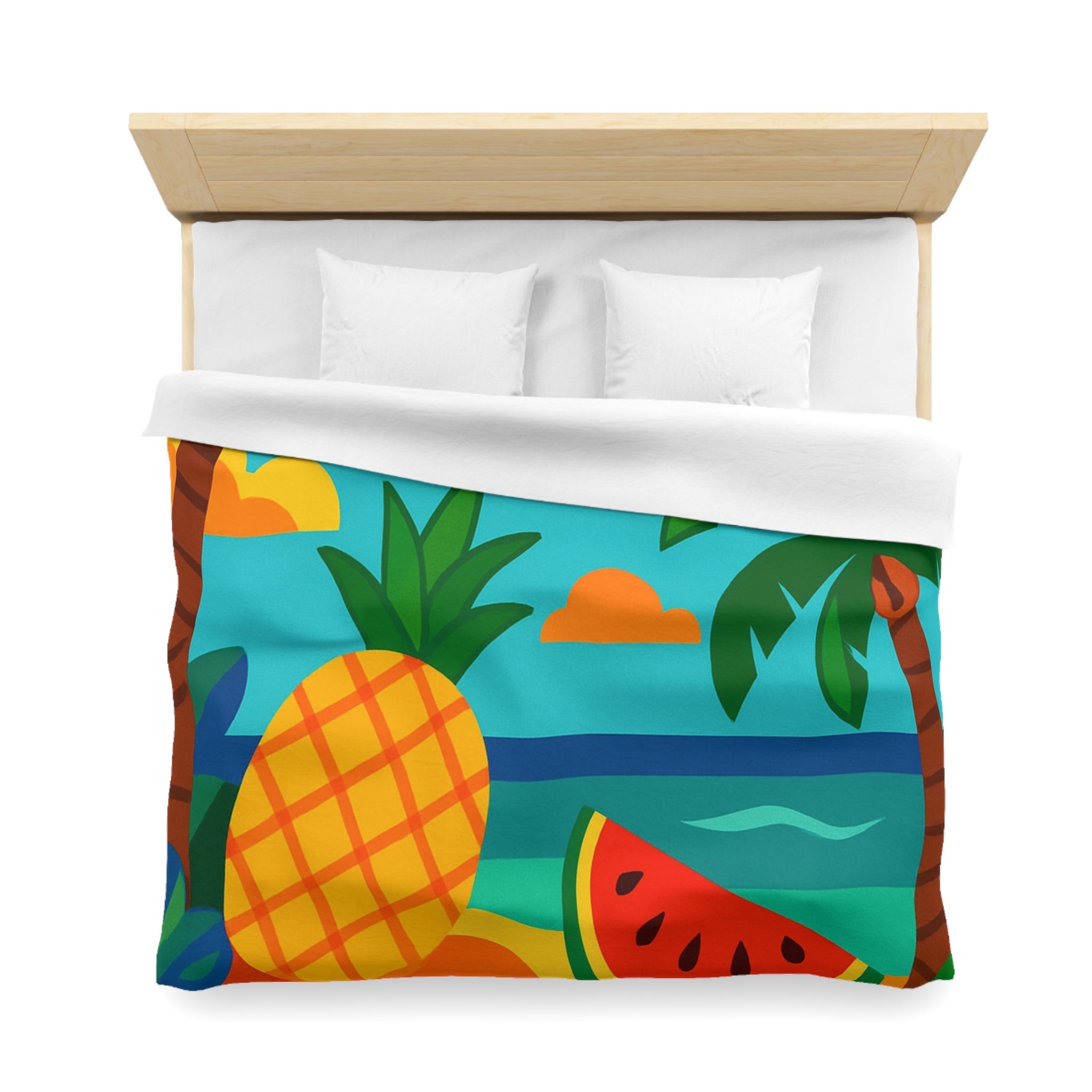 Housse de couette tropicale colorée avec fruits exotiques et oiseaux vibrants sur la plage