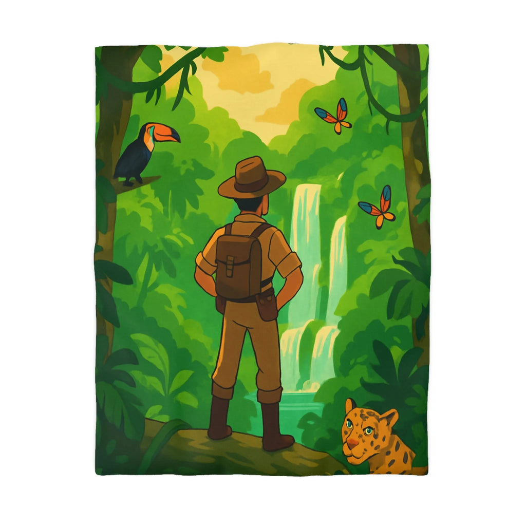 Housse de couette jungle exotique avec explorateur, toucan et paysages luxuriants