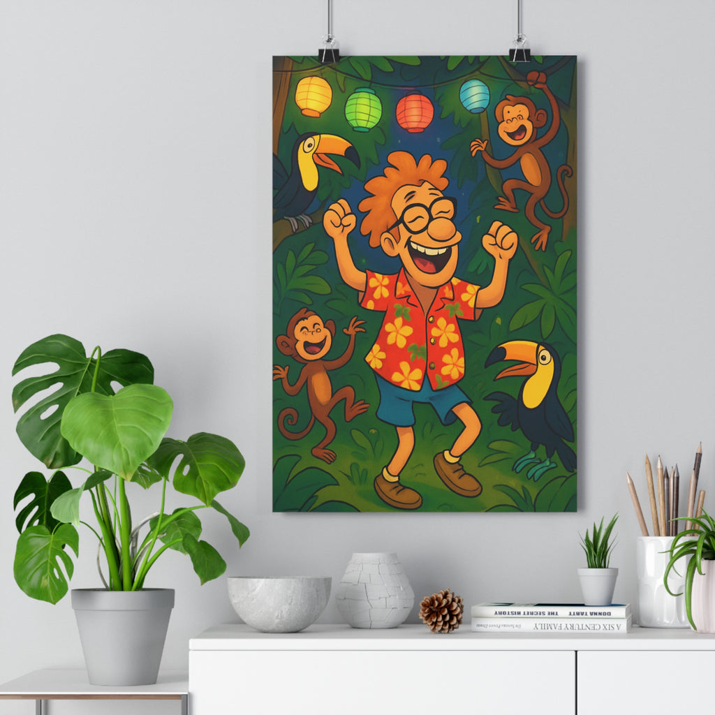 Poster décoratif tropical jungle vert jaune cartoon joyeux chambre salon enfant 30x46 singes toucans