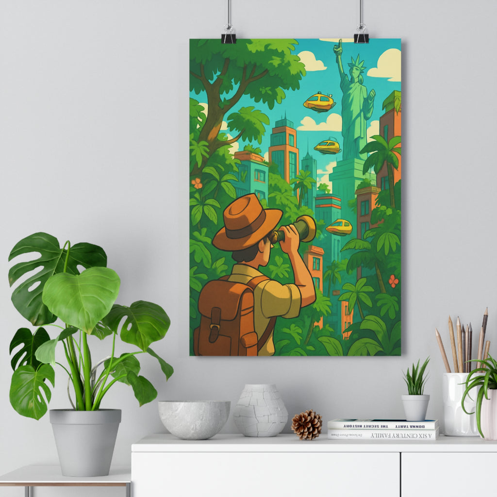 Poster décoratif jungle urbaine fantastique dessin animé vert bleu aventure moderne salon chambre qualité