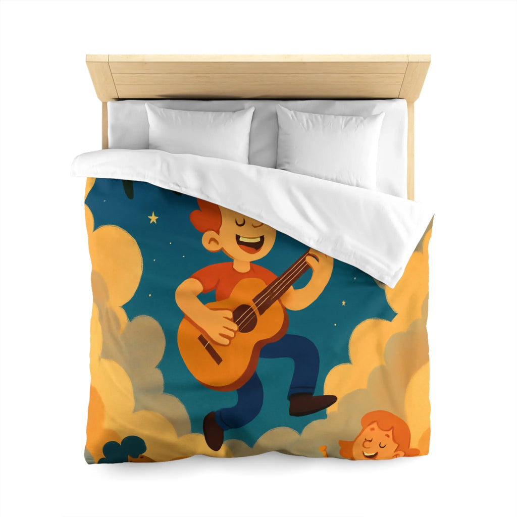 Housse de couette colorée avec musiciens joyeux flottant parmi les nuages étoilés