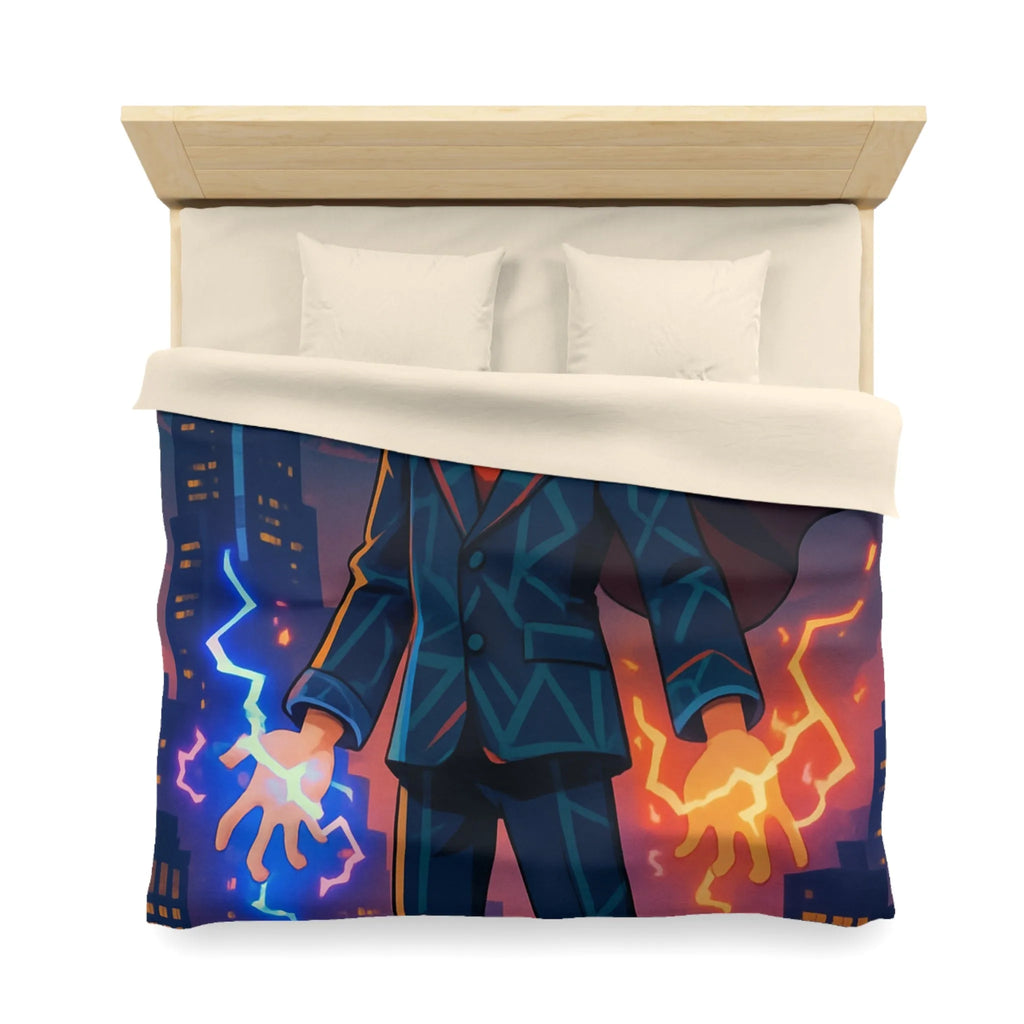 Housse de couette avec jeune magicien urbain; électricité magique, ambiance ville nocturne