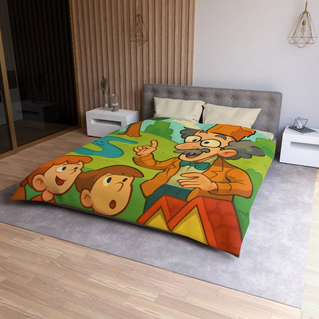 Housse de couette colorée avec un professeur et enfants dans un paysage enchanteur