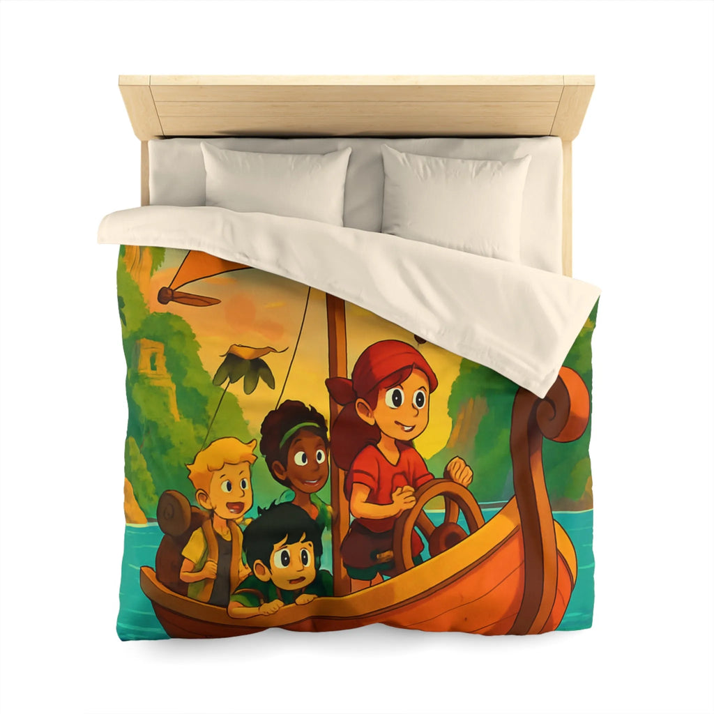 Housse de couette enfantine avec bateau, amis et animaux marins, ambiance tropicale vive