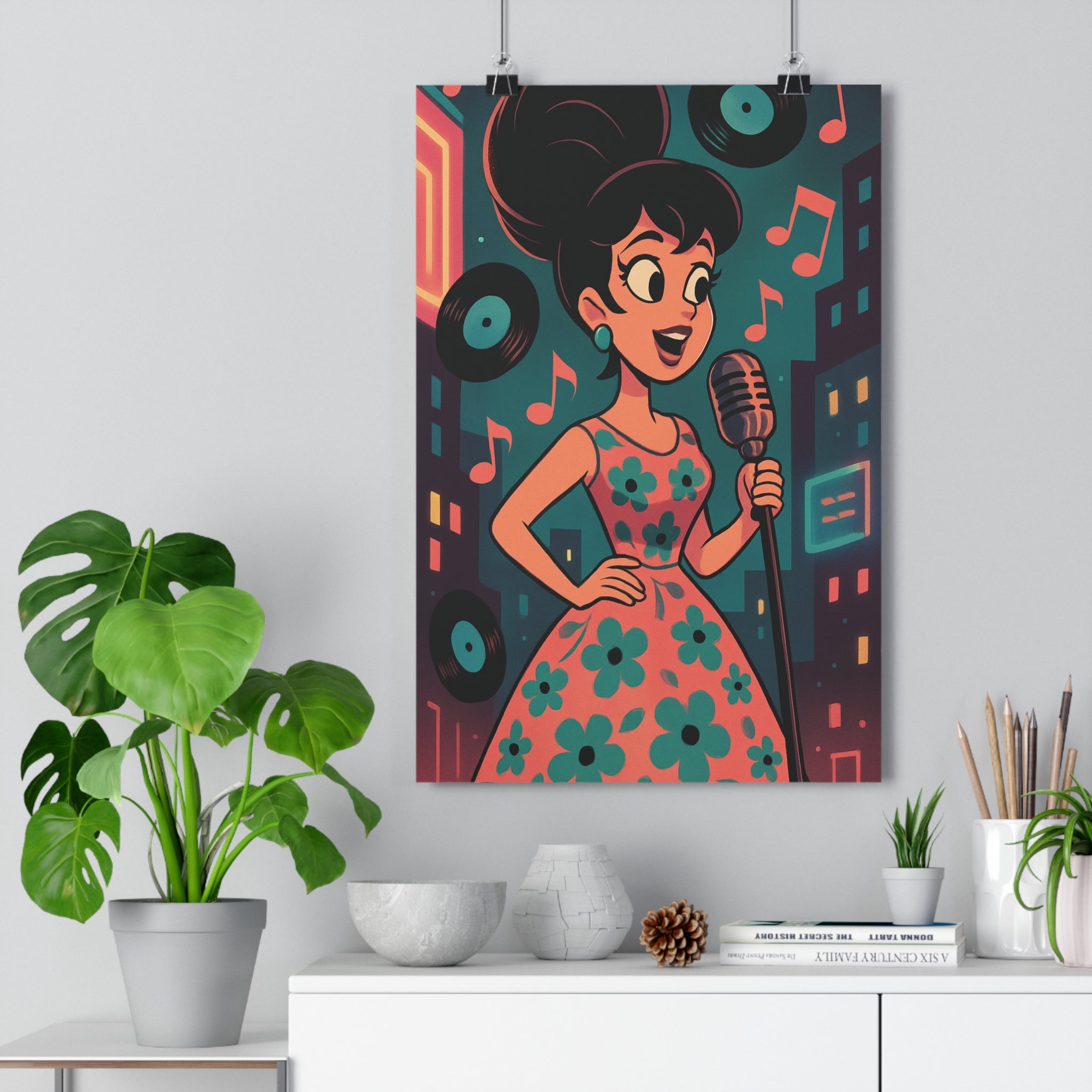 Poster décoratif chanteuse rétro cartoon turquoise rose joyeux musique salon vintage chambre format 30x46