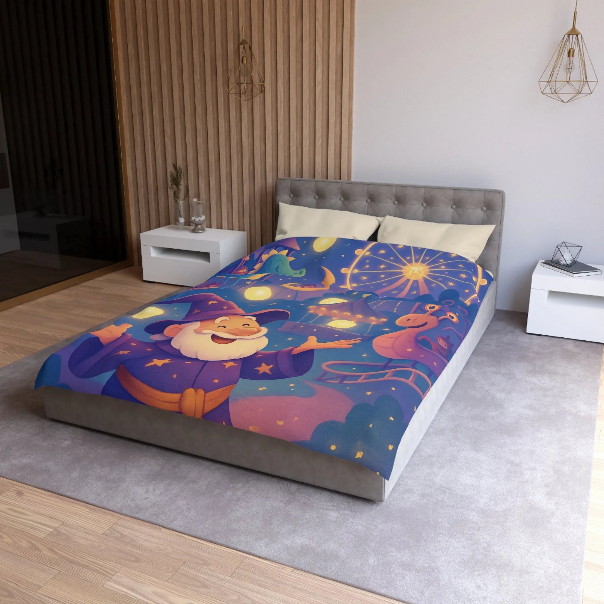Housse de couette magique pour enfants avec magicien joyeux et parc d'attractions nocturne