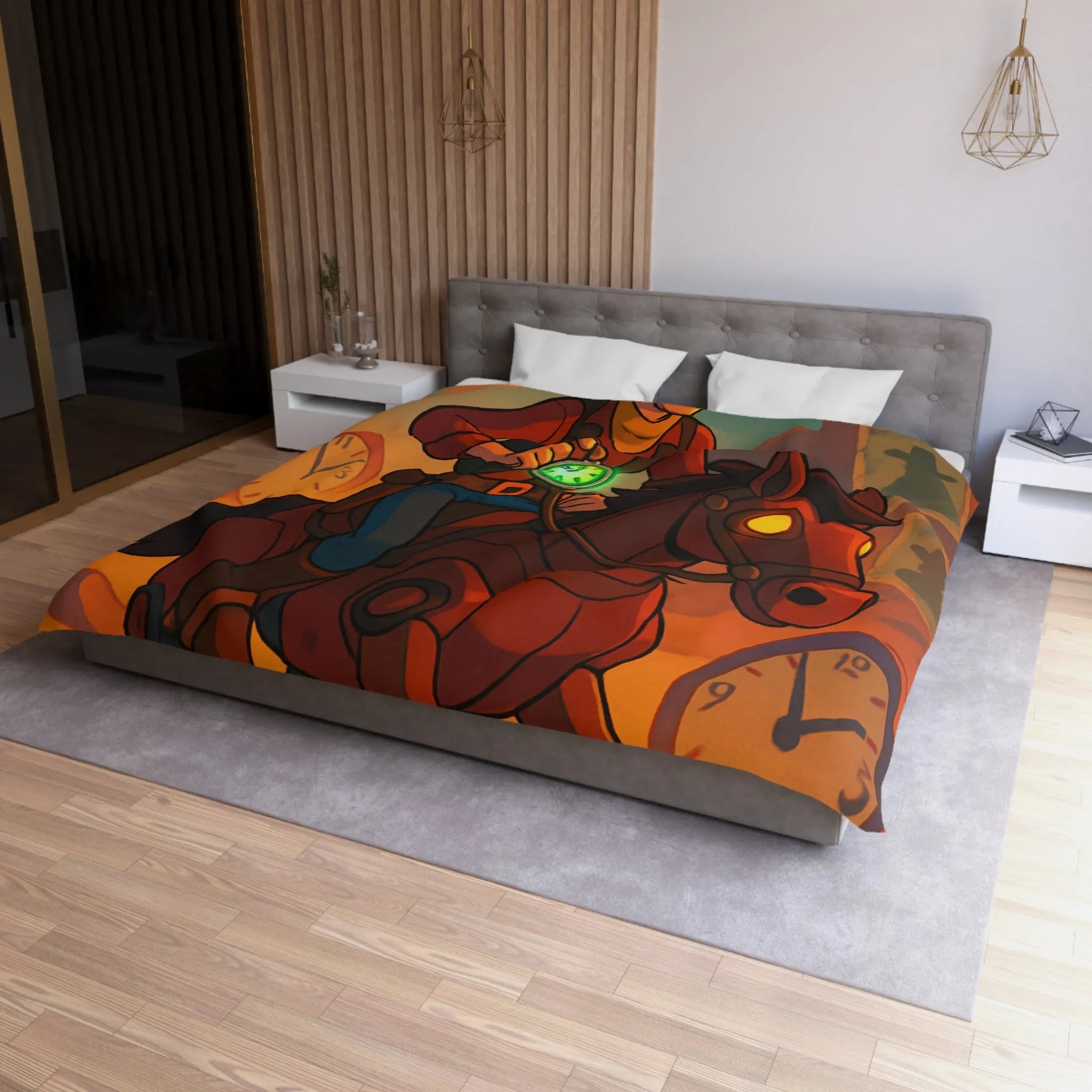 Housse de couette cowboy futuriste avec cheval mécanique et montres vintage dans désert