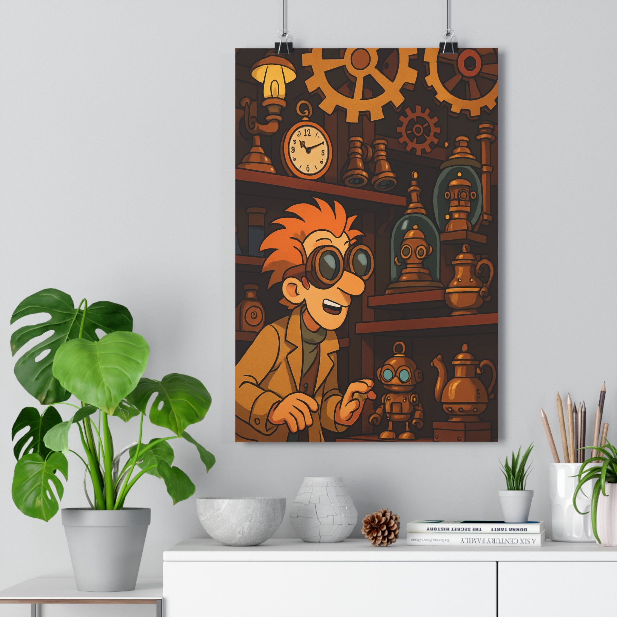 Poster décoratif steampunk rétrofuturiste mécanique cuivre ambiance aventure bureau chambre intrigue unique format 30x46