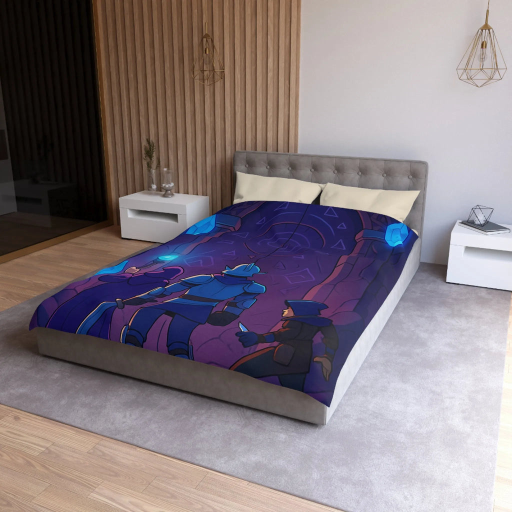 Housse de couette médiévale fantasy avec chevalier et magicien devant porte mystique