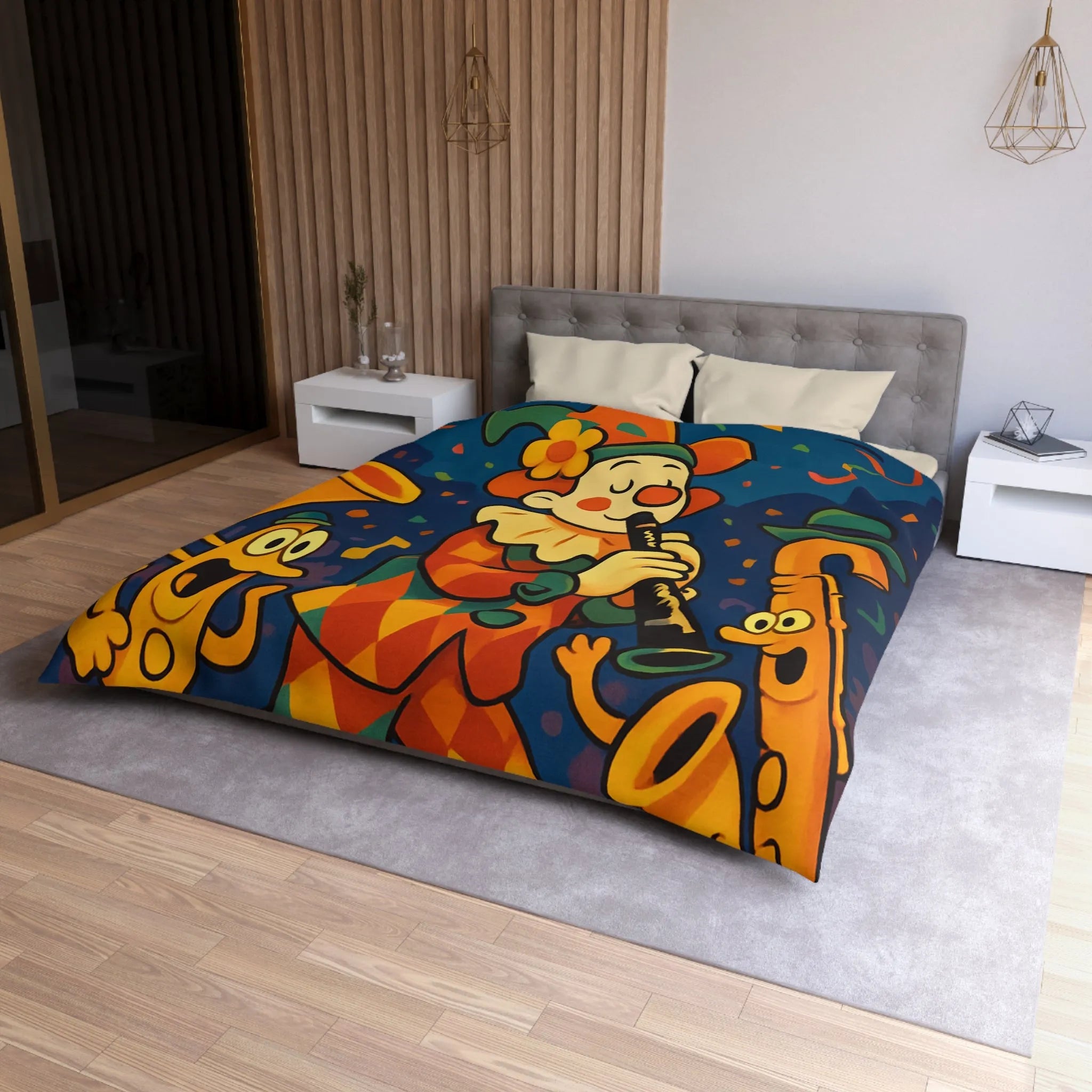 Housse de Couette Fantaisiste avec Clown et Instruments dans Parade Colorée et Lumineuse