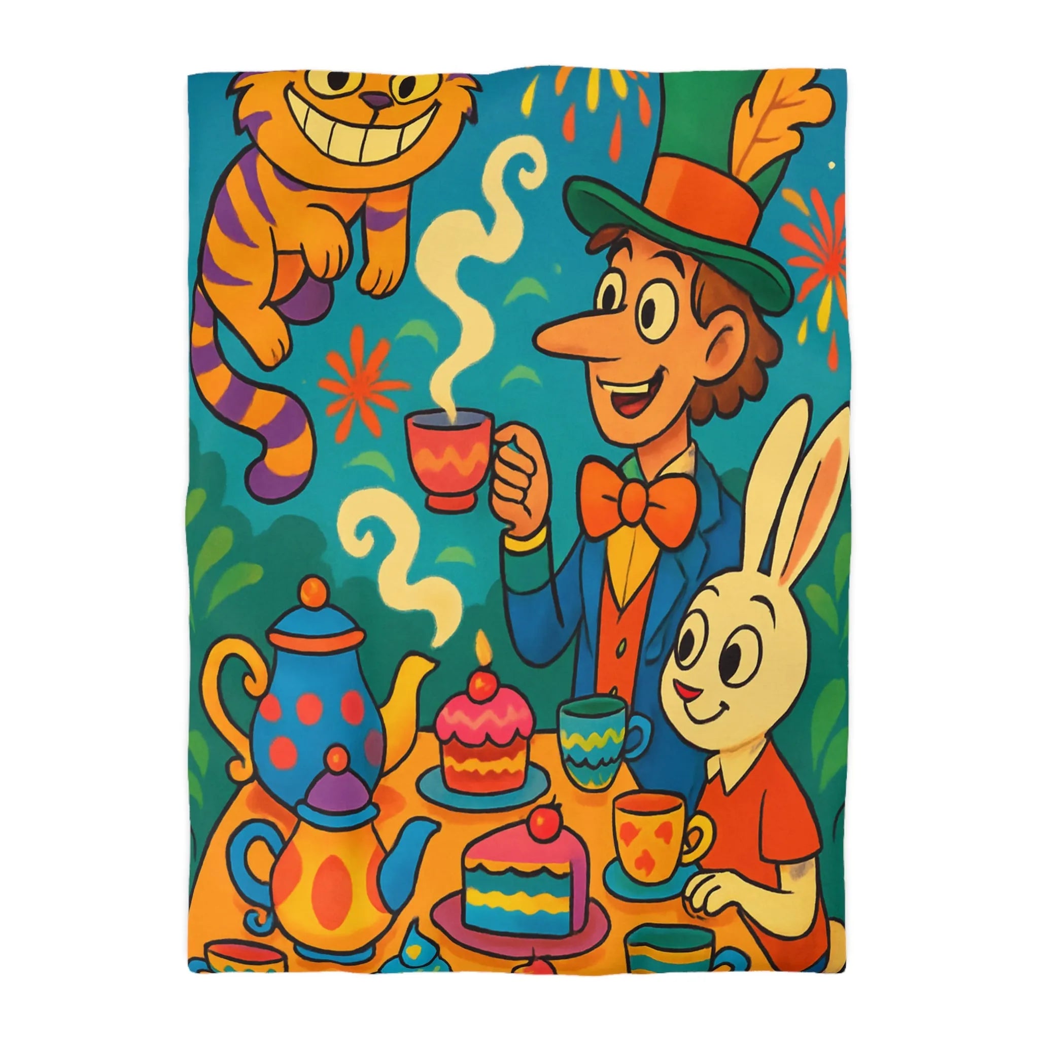 Housse de couette colorée avec scène de thé joyeuse inspirée d'un conte fantaisiste