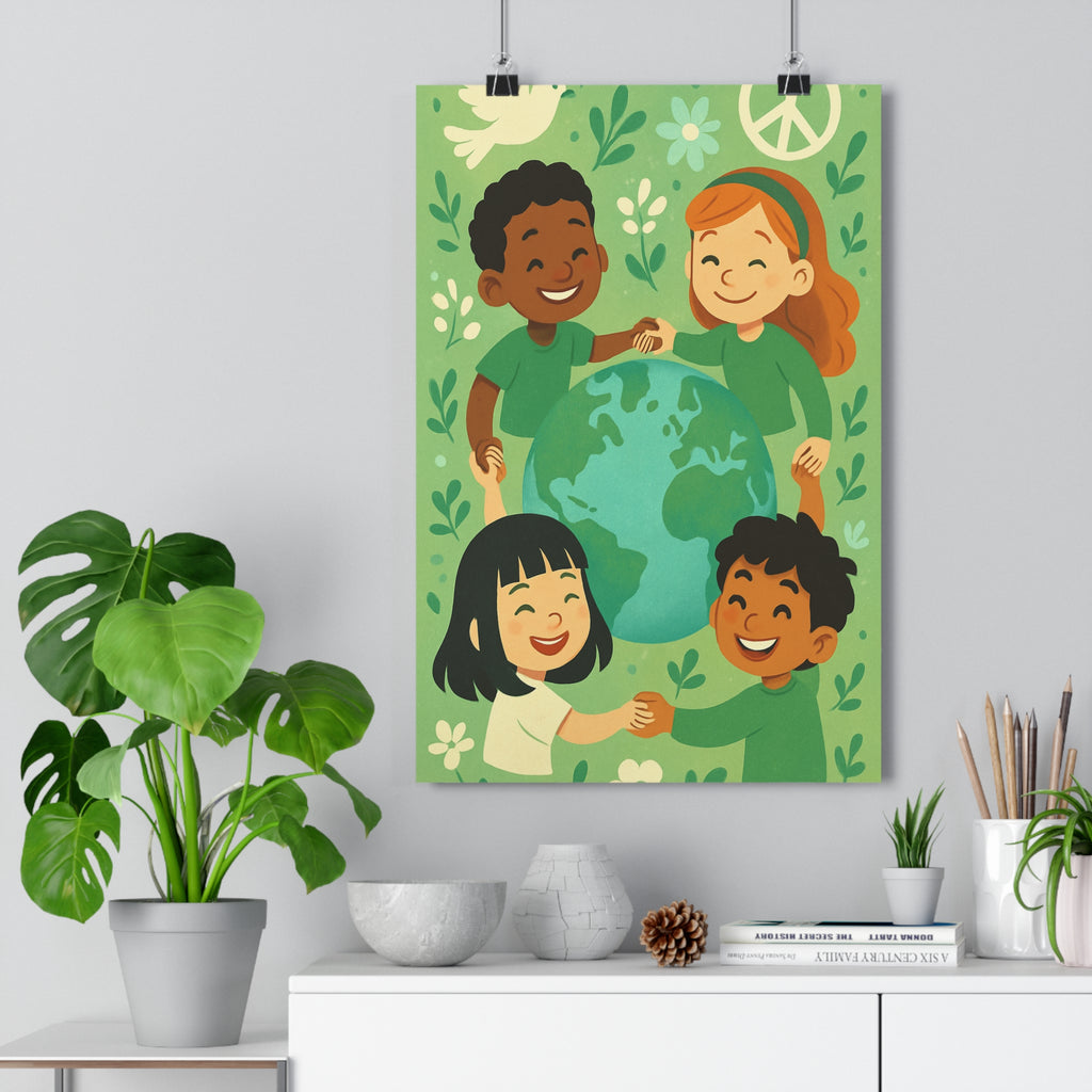 Poster décoratif cartoon harmonieux vert bleu paix enfant chambre univers multiculturalité unité nature calme