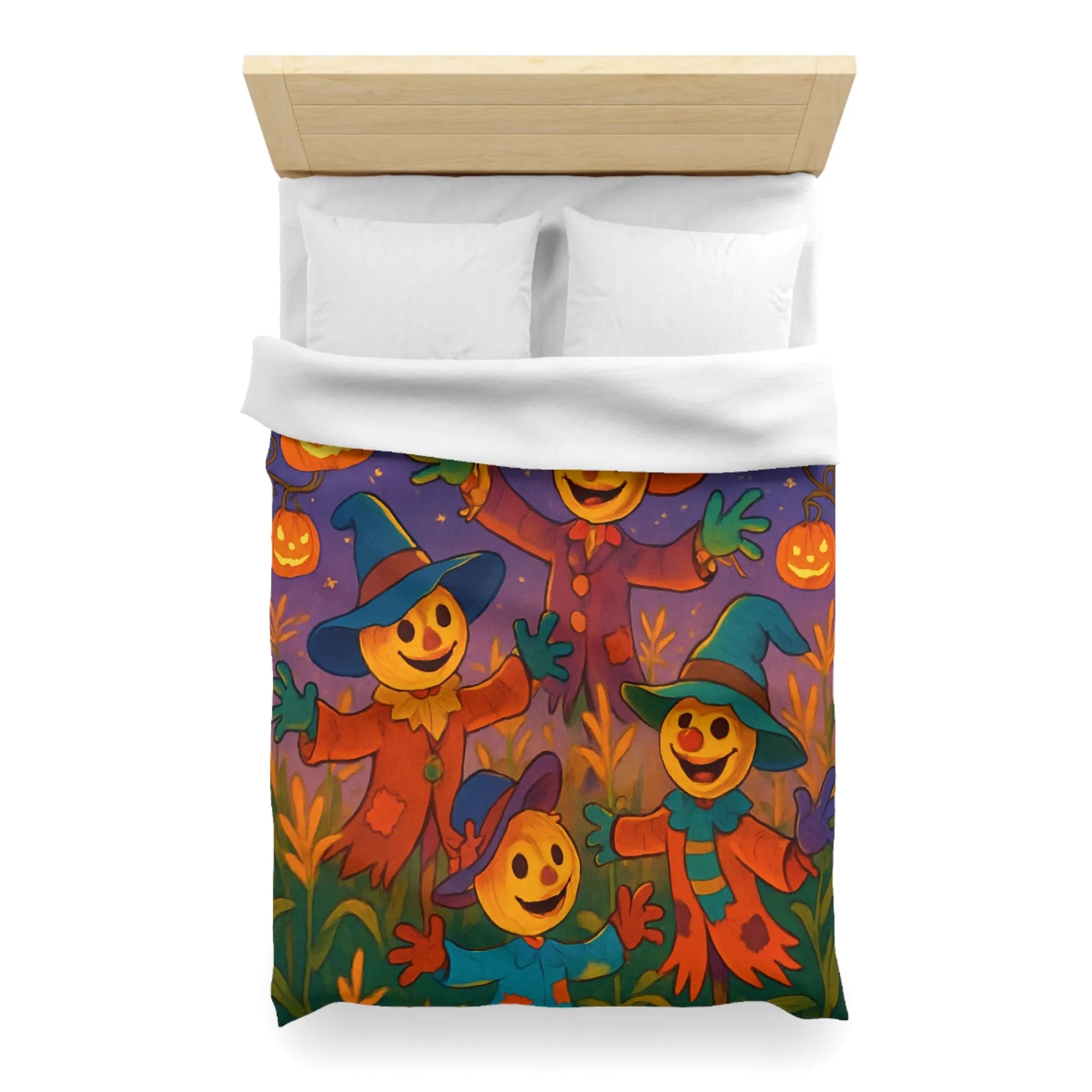 Housse de couette joyeux épouvantails et citrouilles lumineuses pour ambiance festive et colorée