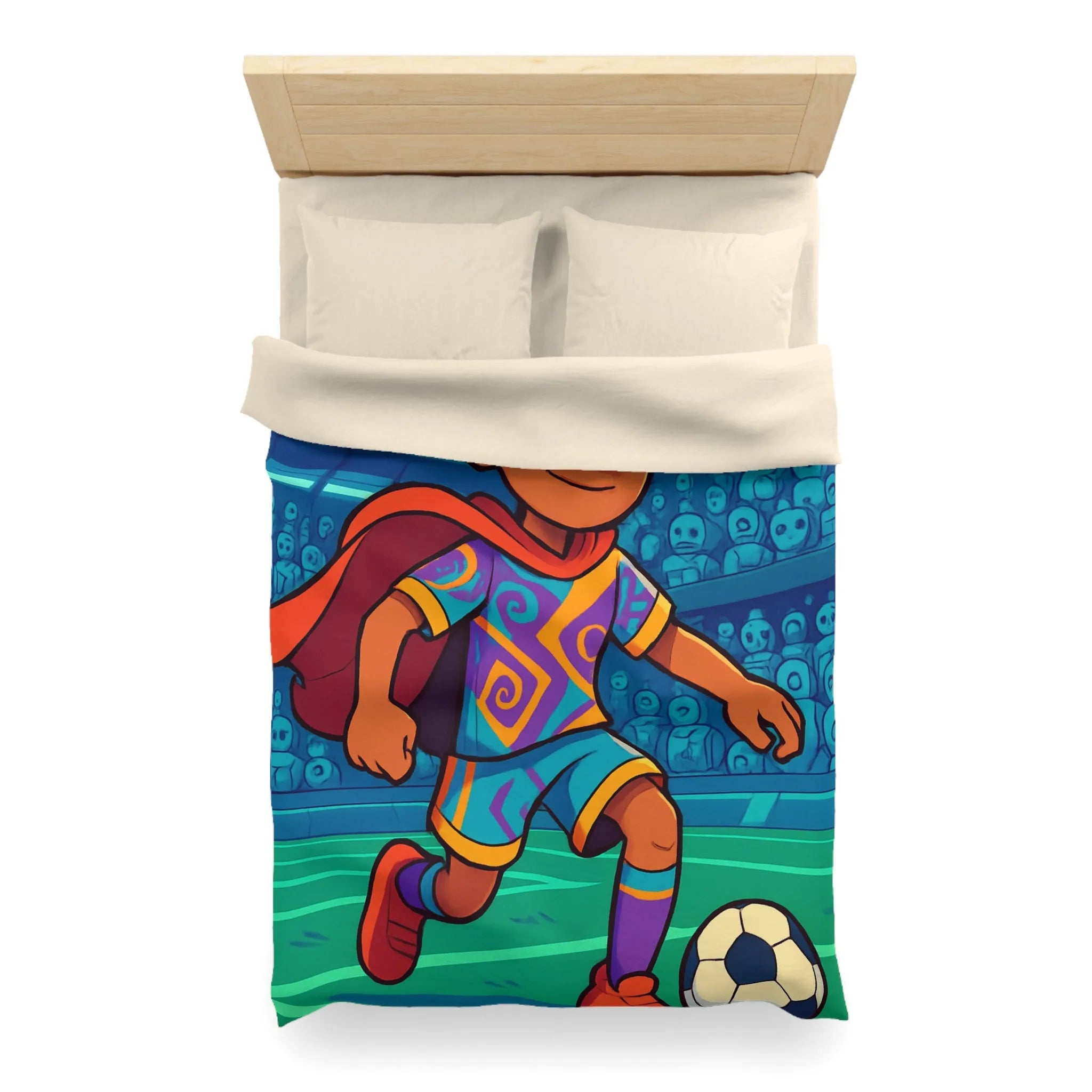 Housse de couette enfantine colorée avec personnage joueur de football en action dynamique
