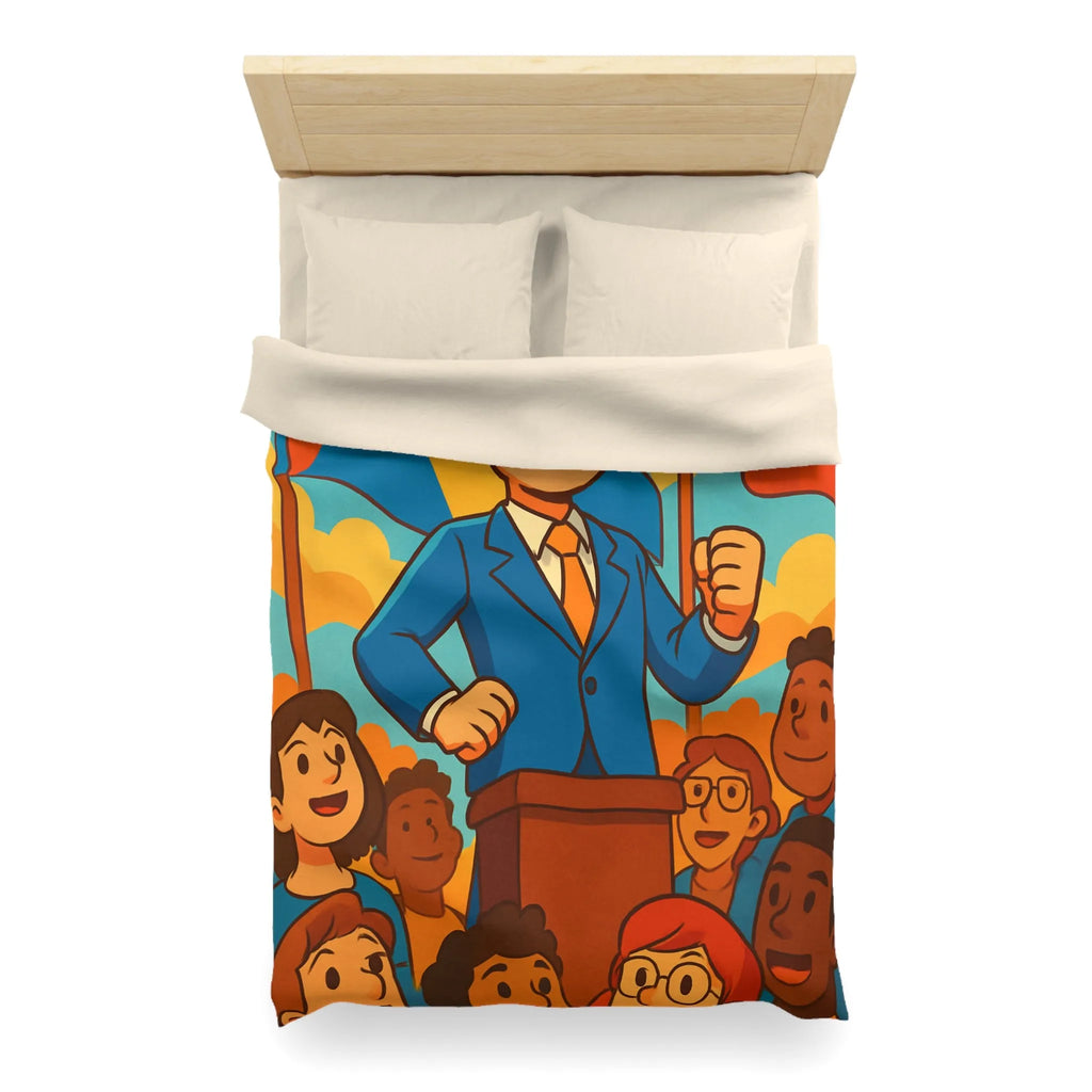 Housse de couette colorée avec illustration joyeuse de personnes et drapeaux vibrants