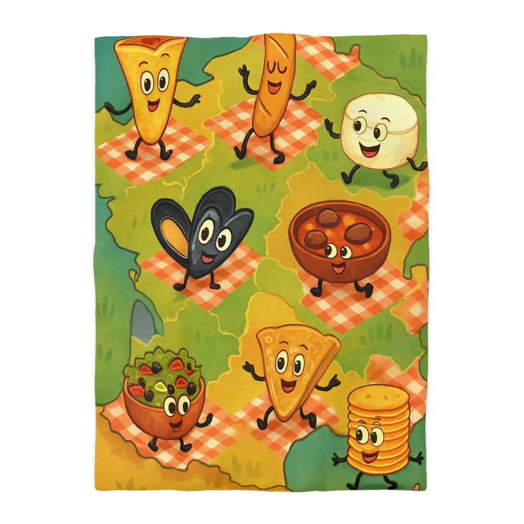 Housse de couette colorée avec motif ludique de spécialités culinaires françaises