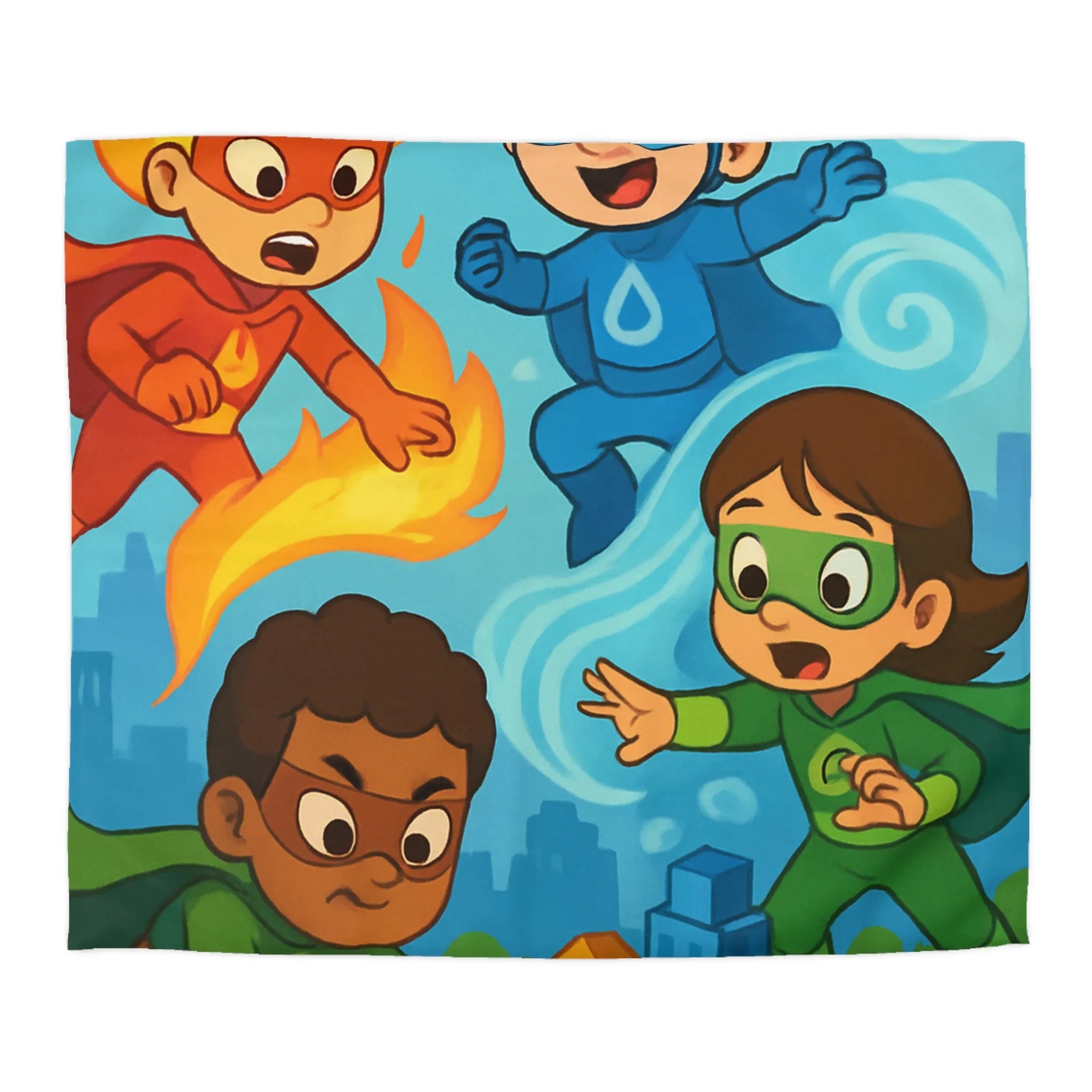 Housse de couette enfant avec super-héros colorés en action dans une ville imaginaire