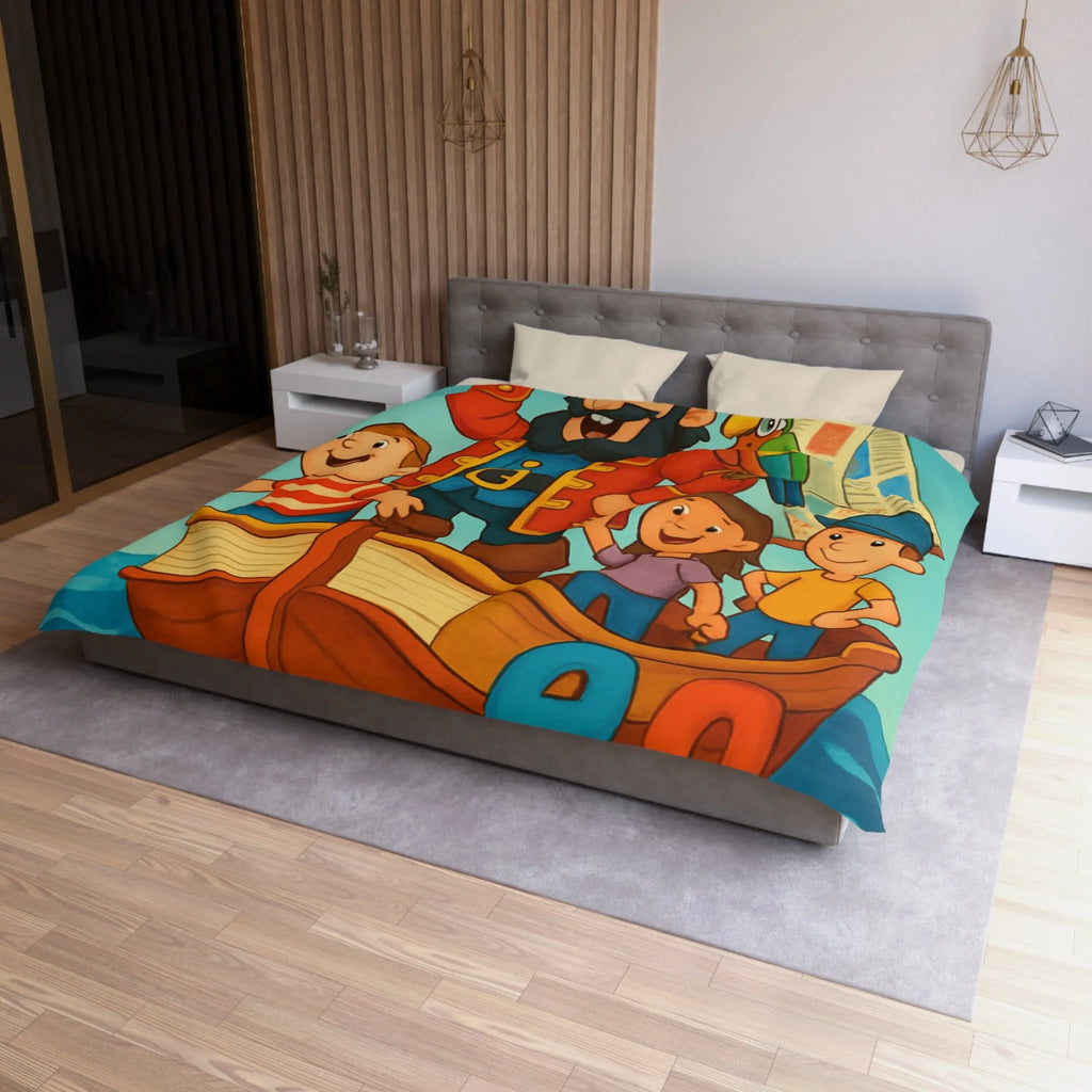 Housse de couette enfant pirate avec voyelles, perroquet et mer colorée