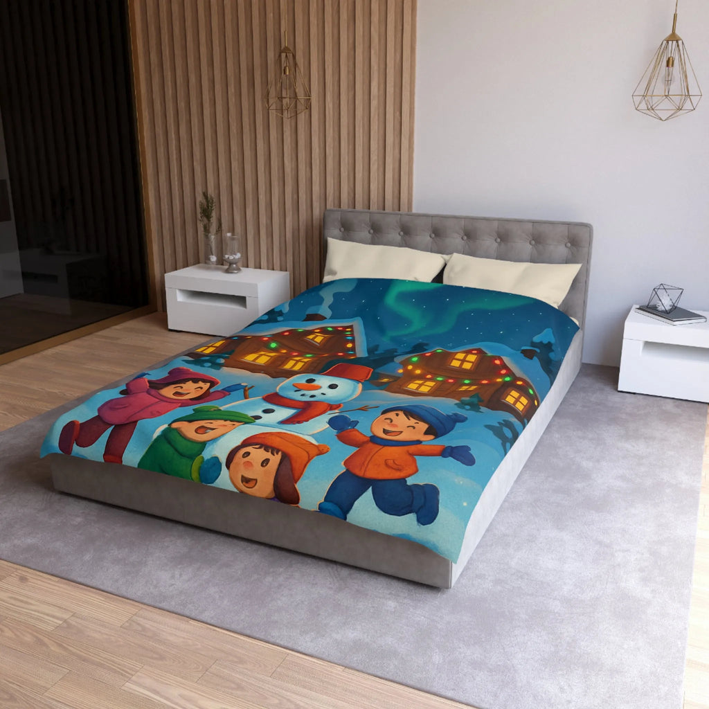 Housse de couette enfants avec design joyeux d'hiver, neige et cabanes éclairées