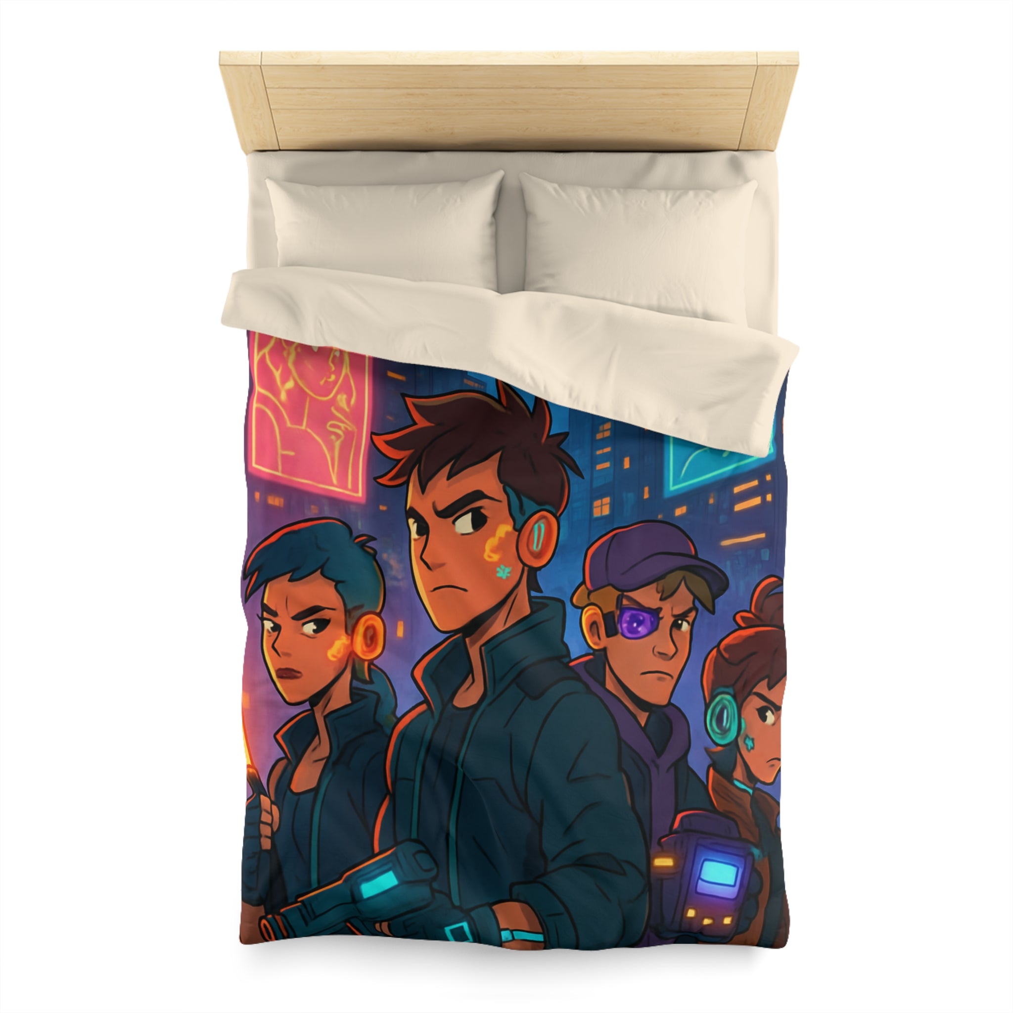 Housse de couette style rétro futuriste avec scène urbaine néon et personnages cyberpunk