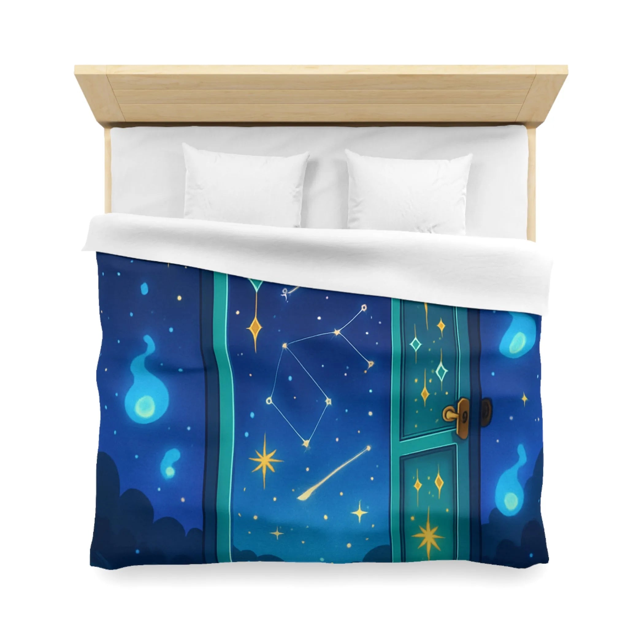Housse de couette magique avec porte ouverte sur ciel étoilé bleu et constellations