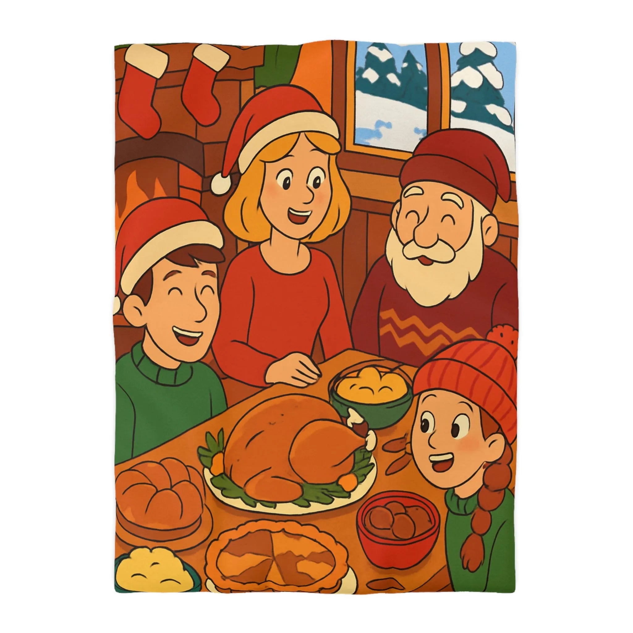 Housse de couette festive Noël famille réunie autour d'un dîner savoureux cheminée