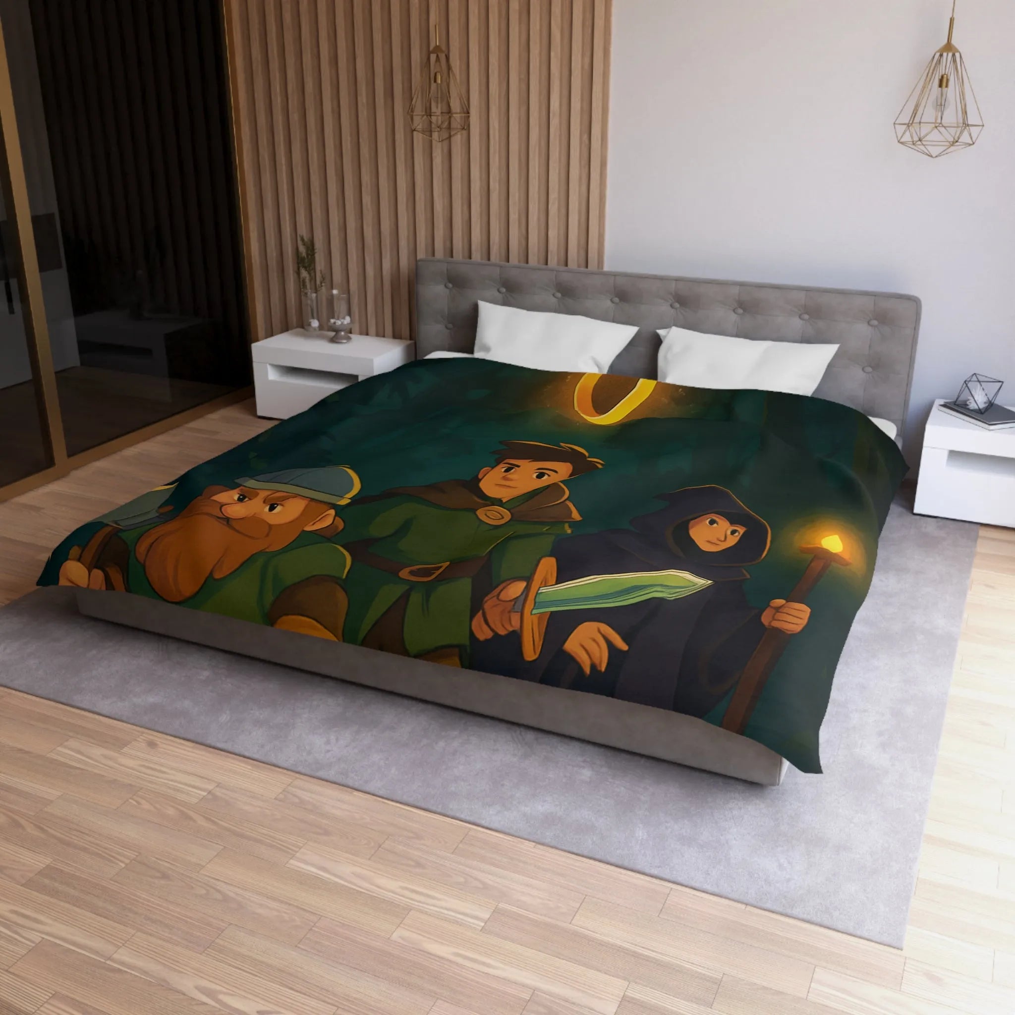 Housse de couette aventure épique forêt pour enfants avec personnages et anneau magique