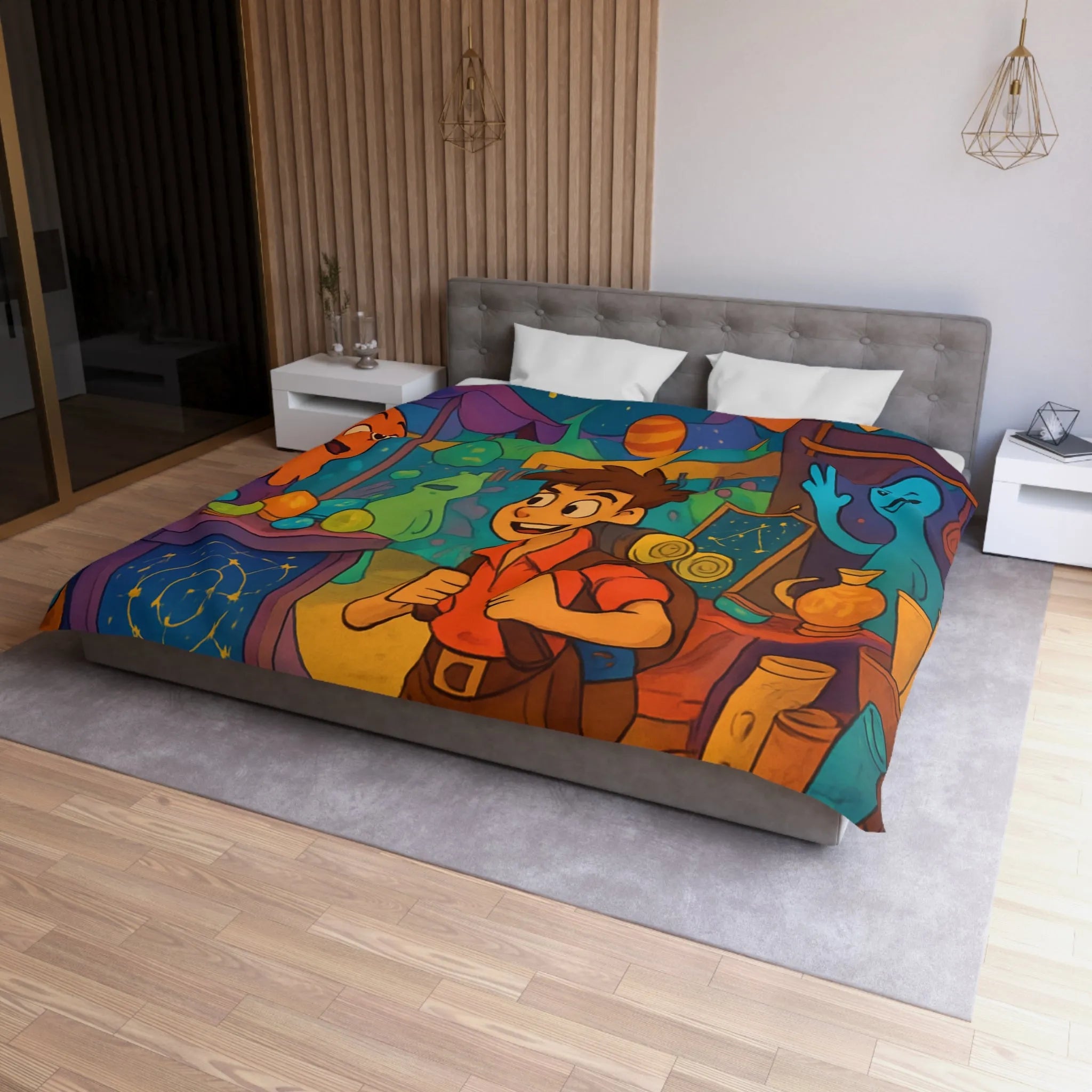 Housse de couette enfant monde fantastique avec planètes et créatures colorées