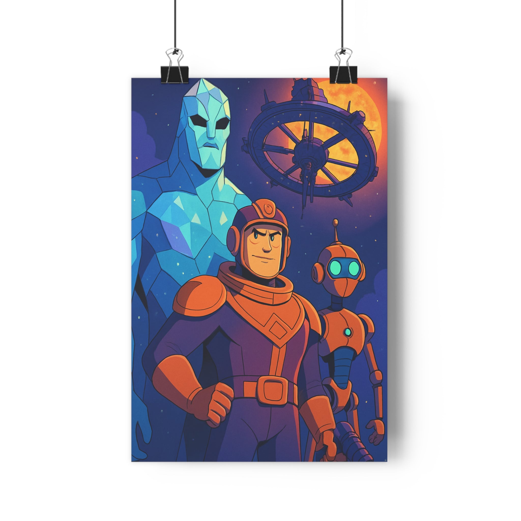 Poster décoratif futuriste bleu orange violet cartoon aventure dynamique chambre bureau personnages spatiaux ambiance
