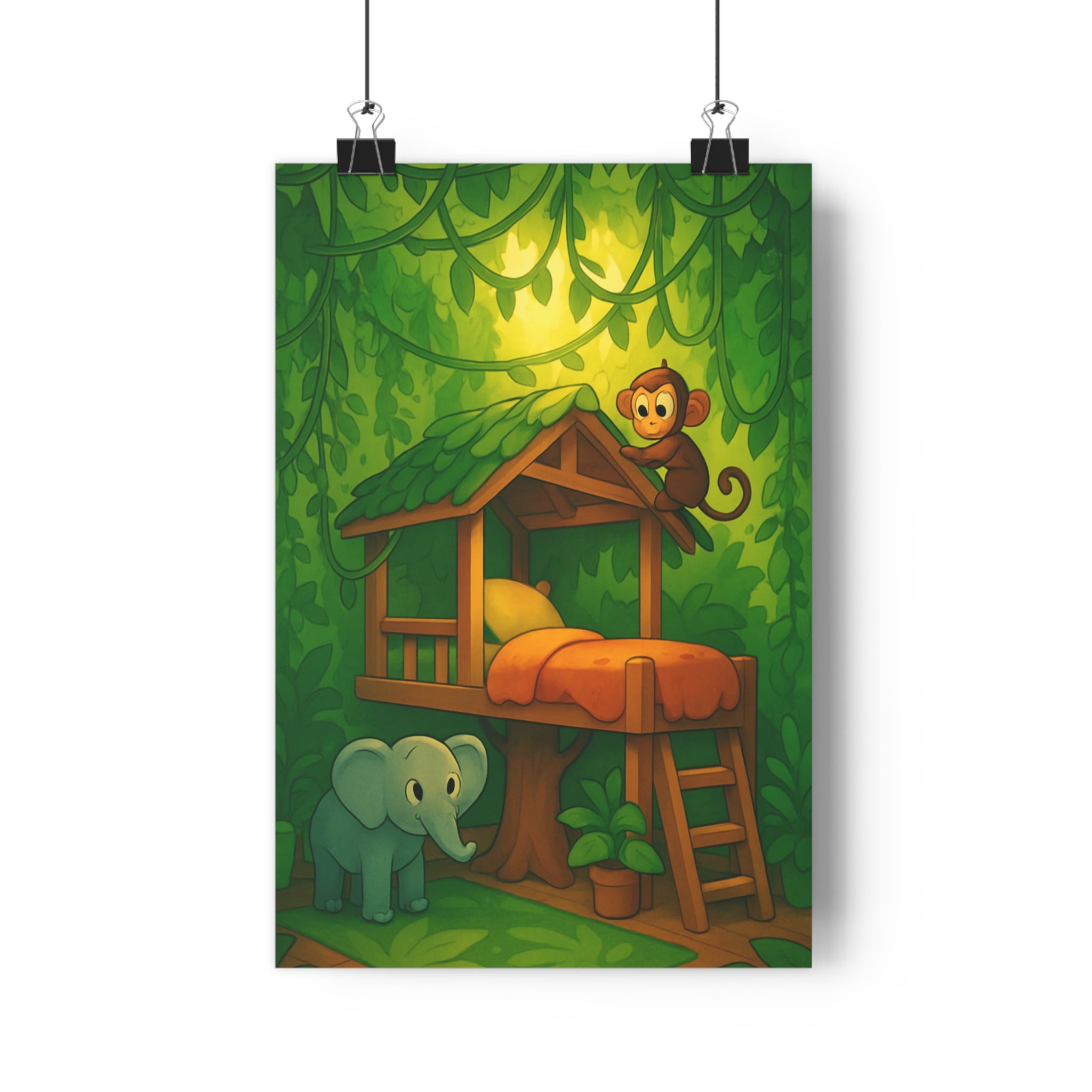 Poster décoratif jungle enfant aventure cartoon vert orange chambre ludique dessin animé nature exotique
