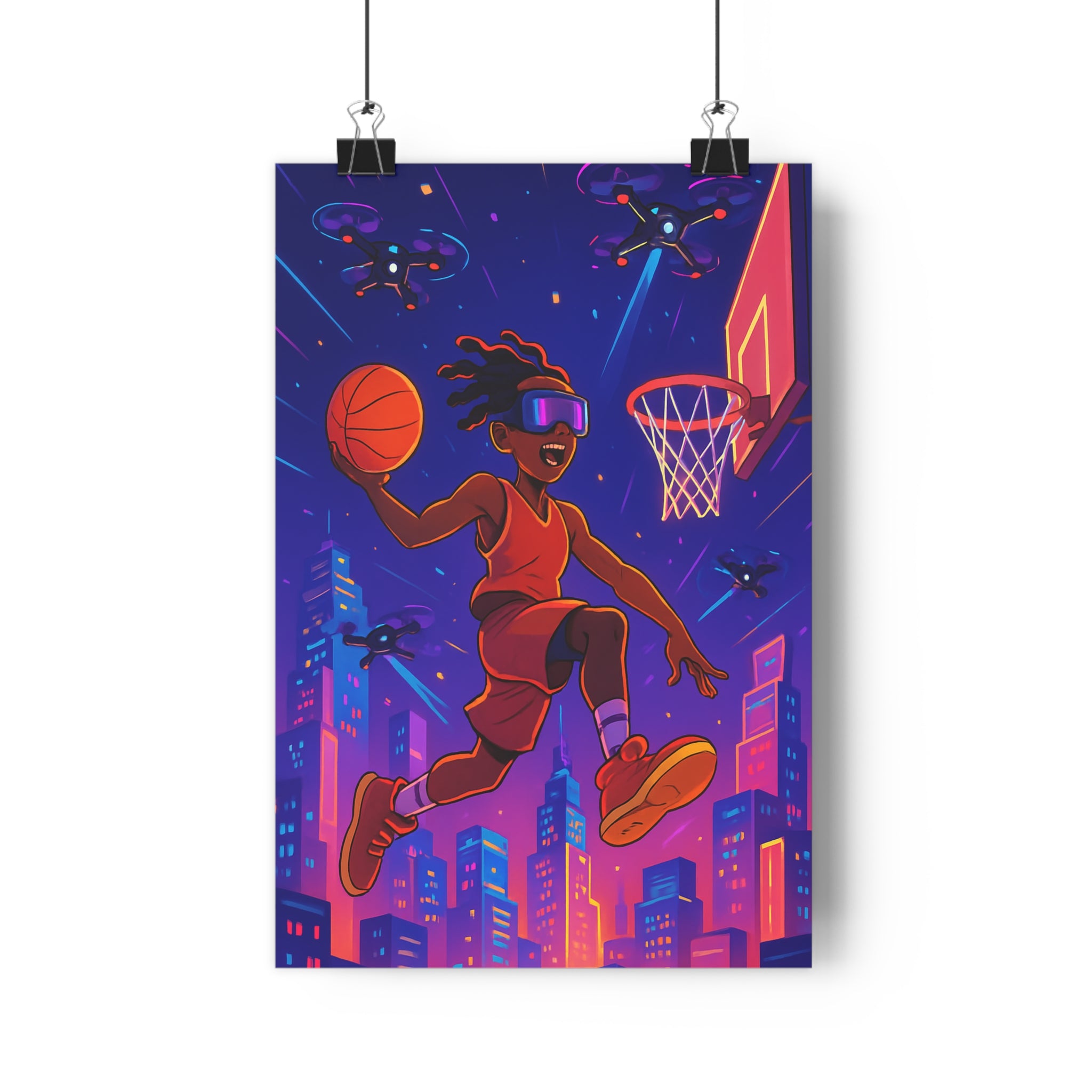 Poster décoratif violet orange cyberpunk dynamique chambre jeu art moderne vibrant urbain futuriste basket