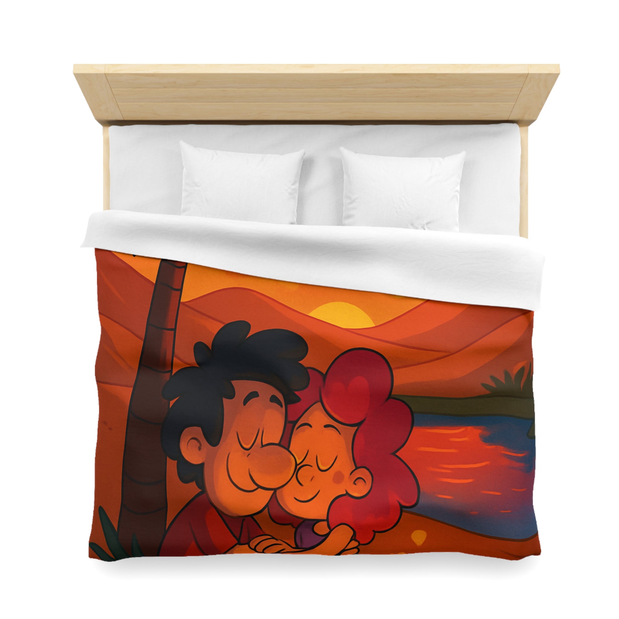 Housse de couette romantique avec couple câlin et coucher de soleil magique désertique