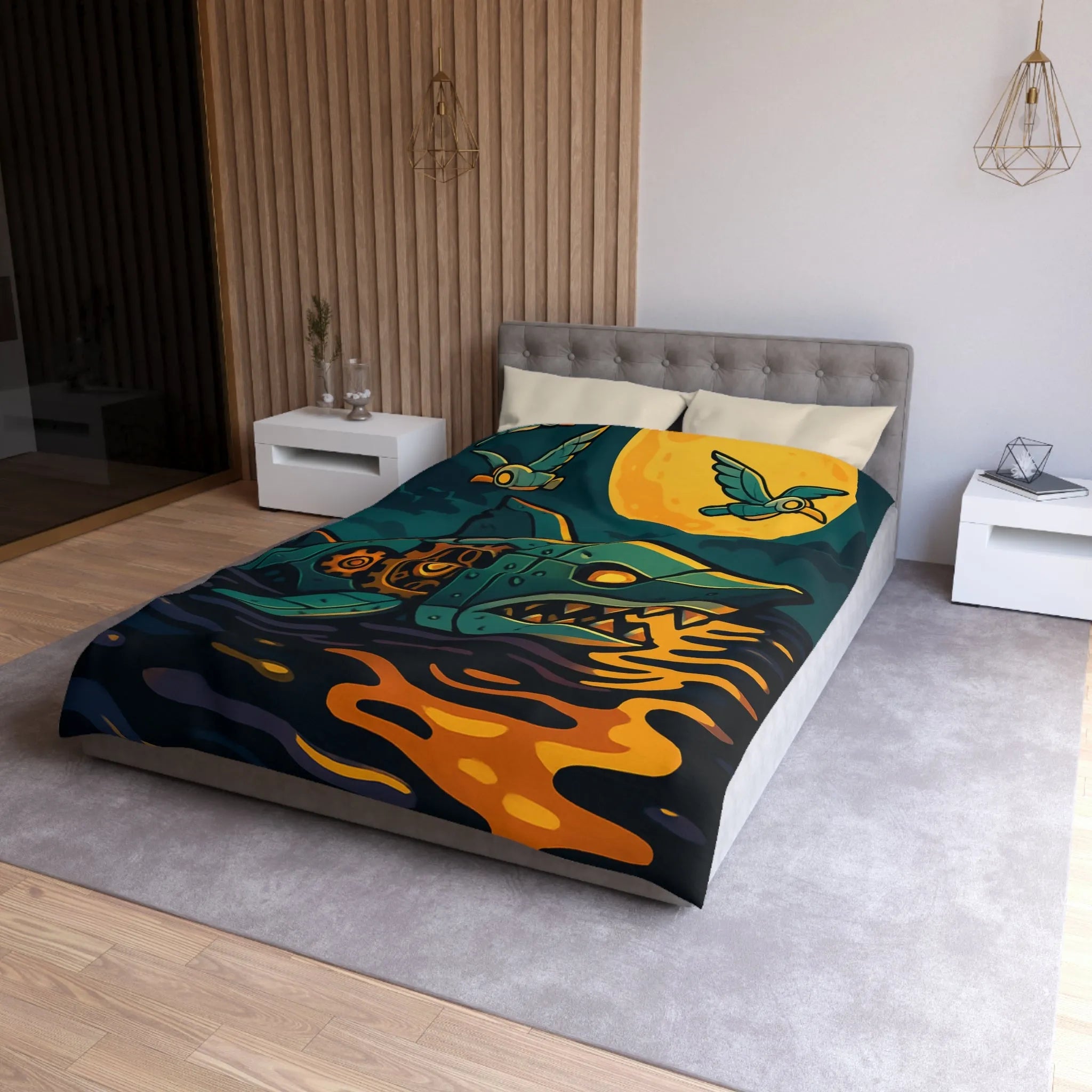 Housse de couette colorée avec requin mécanique sous lune dorée et oiseaux stylisés