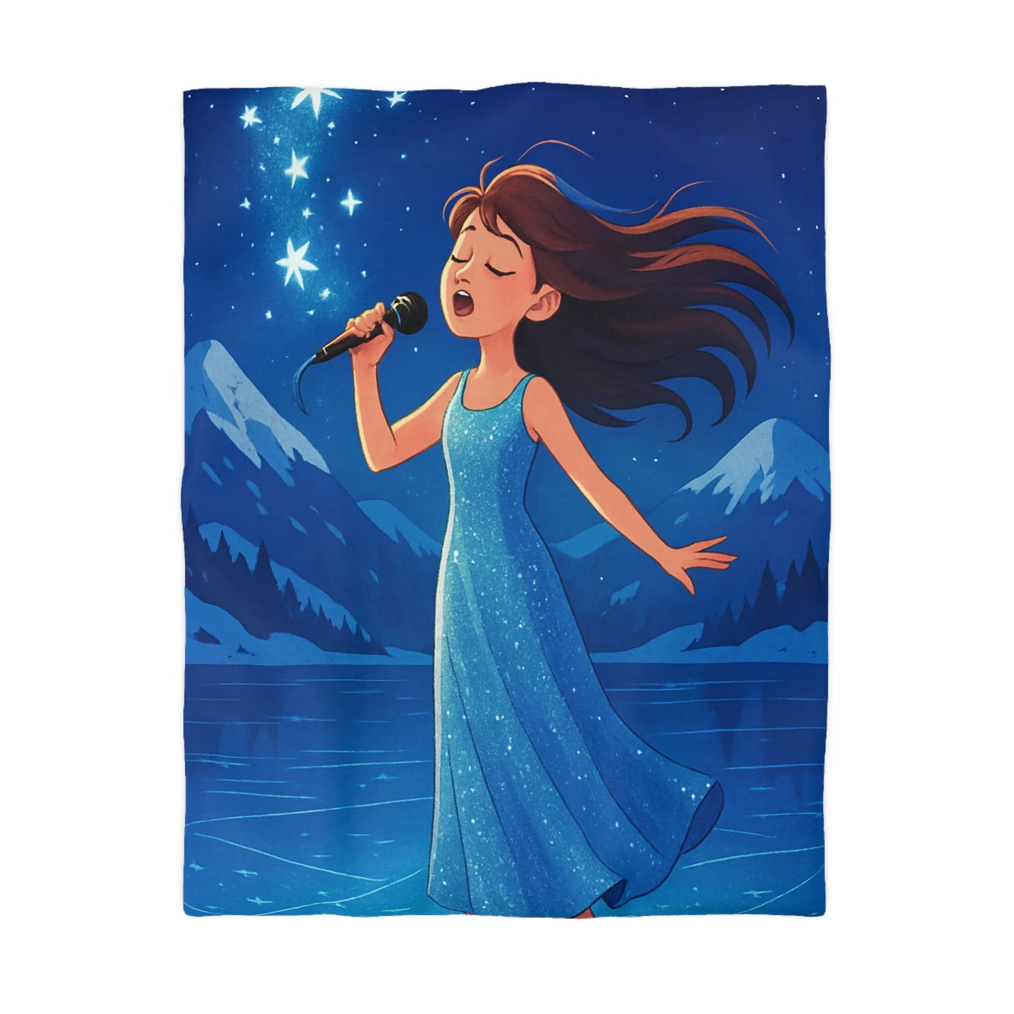 Housse de couette illustrée d'une chanteuse étoilée, robe bleu magique, montagnes enneigées