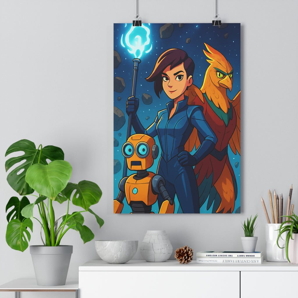 Poster décoratif rétrofuturiste bleu jaune rouge aventure cosmos bureau chambre animation dynamique spaciale qualité