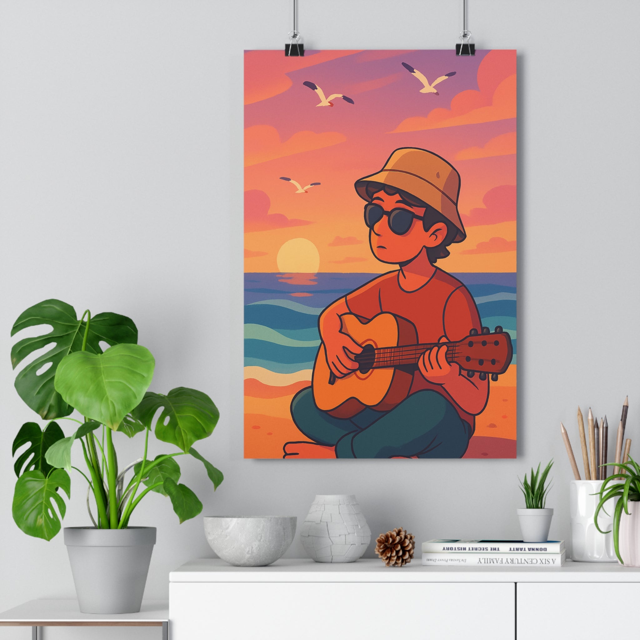 Poster décoratif pastel bord mer coucher soleil salon chambre calme artistique qualité premium qualité