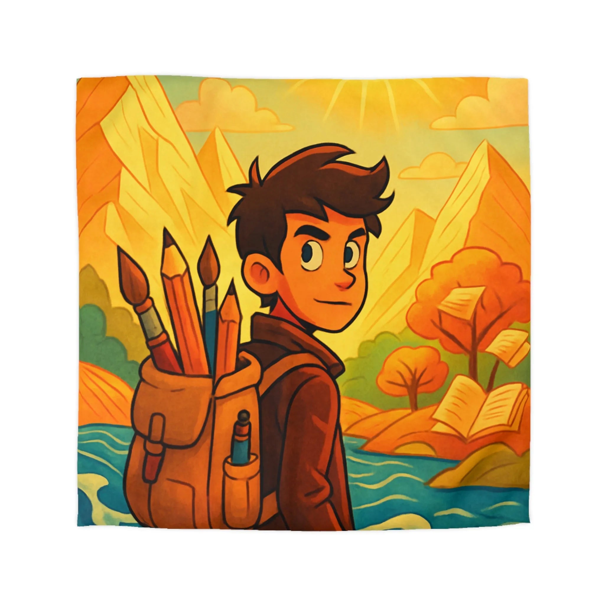Housse de couette artistique colorée avec paysage lumineux et personnage aventureux dessiné