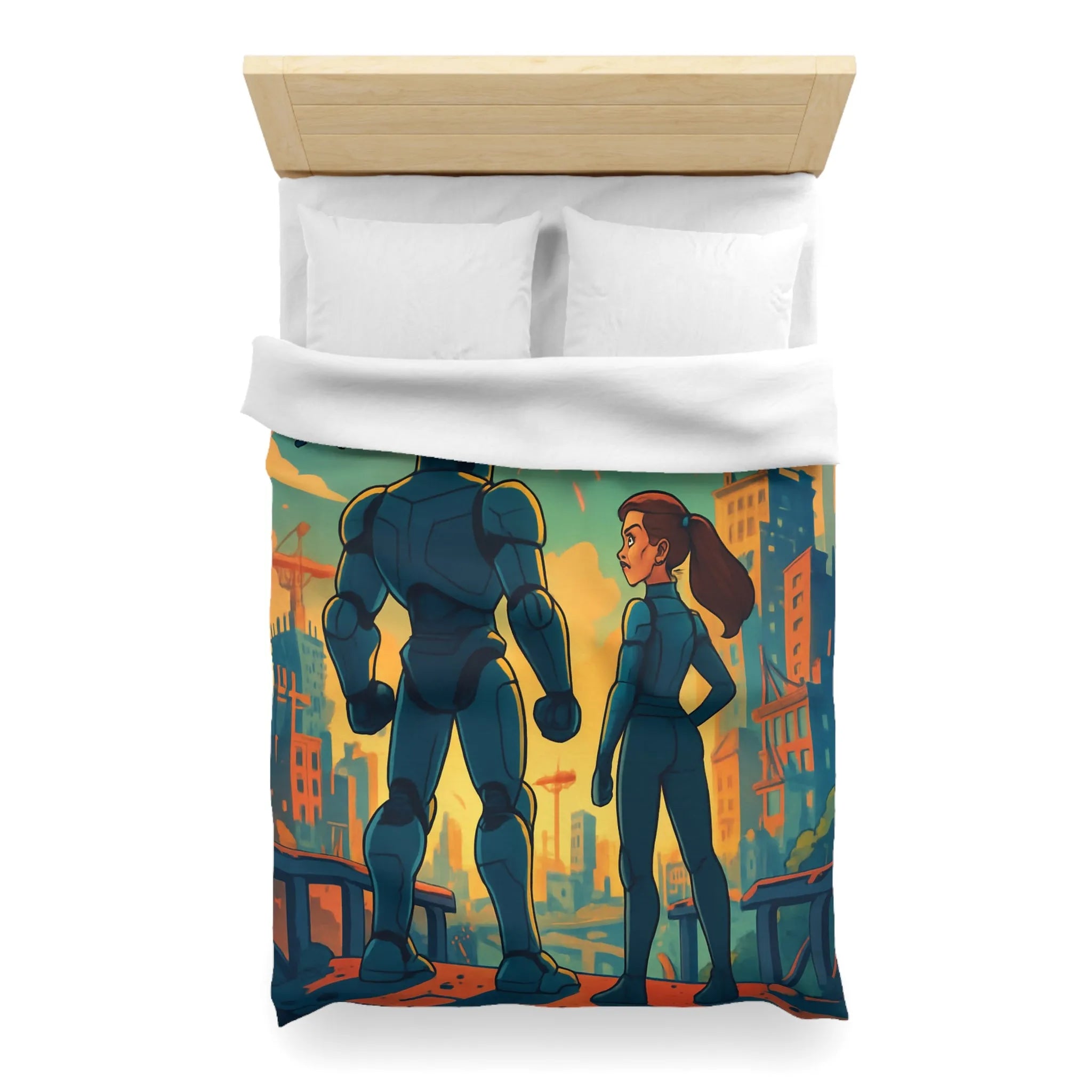 Housse de Couette Fine Imprimée Feux d’Artifice et Futuriste Ville Robotique Dessinée