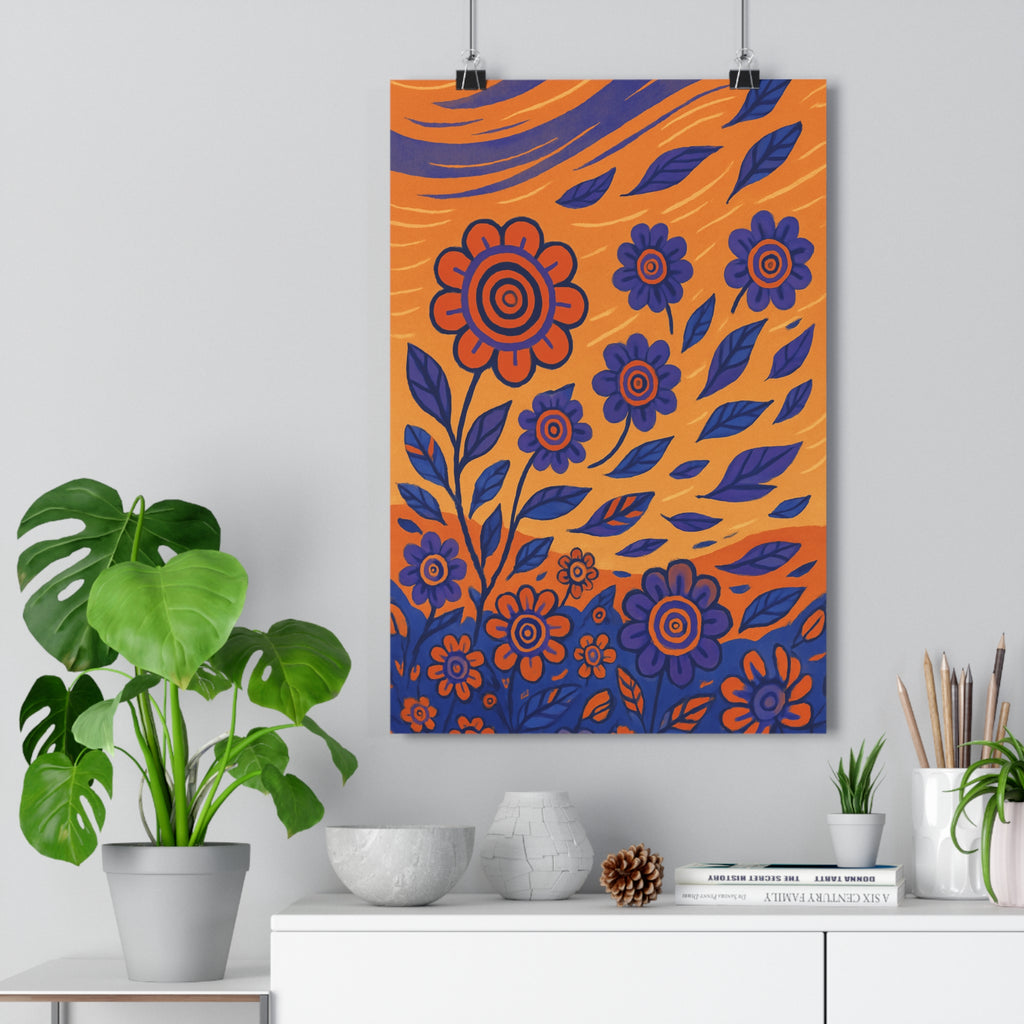 Poster décoratif cartoon fleurs orange violet salon dynamique joyeux moderne artistique vibrant mouvement espace