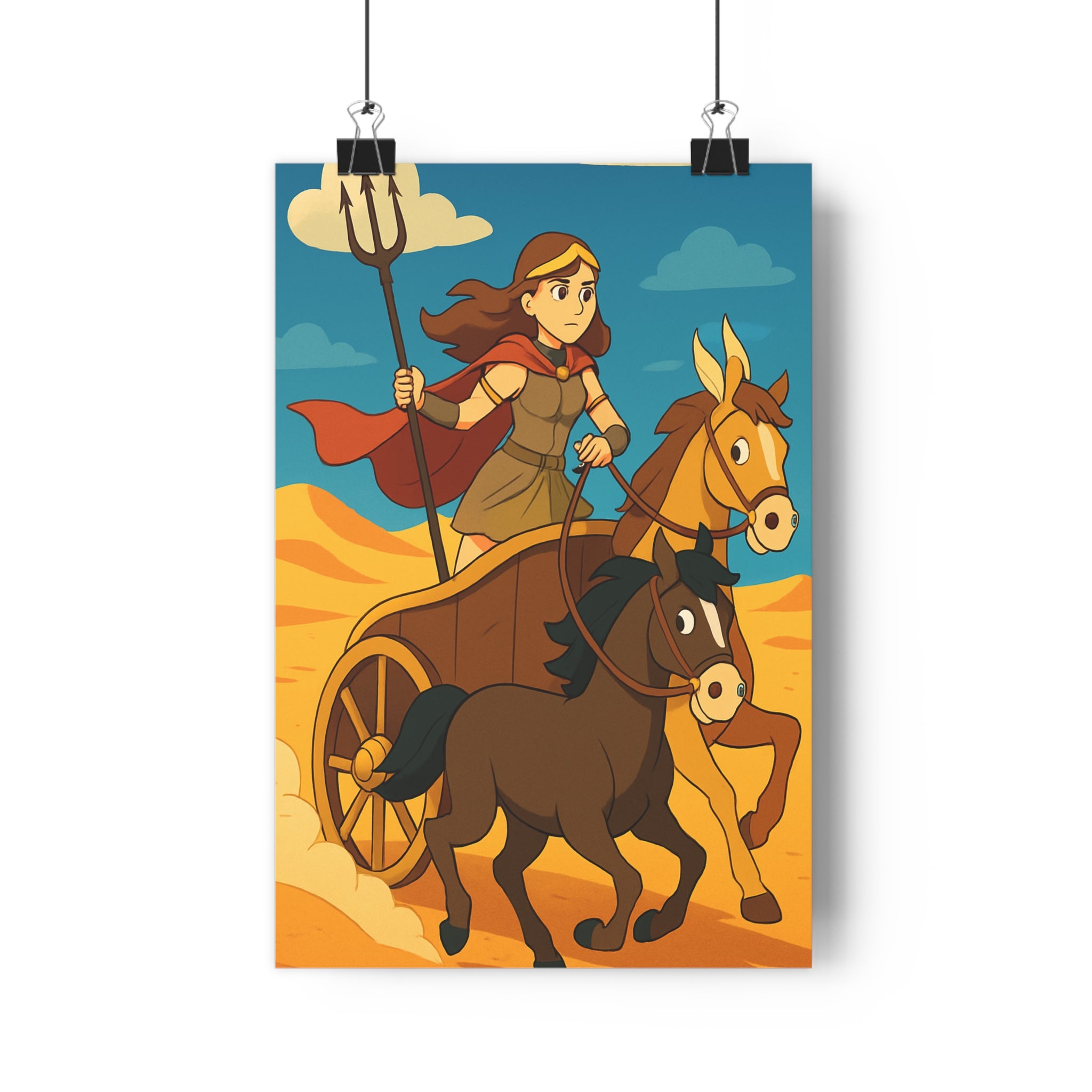 Poster décoratif manga épique aventure désert gladiateur féminin trident char chevaux sable bleu 30x46
