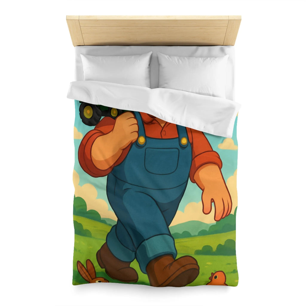 Housse de couette fermier joyeux avec animaux, arc-en-ciel et tracteur, paysage coloré