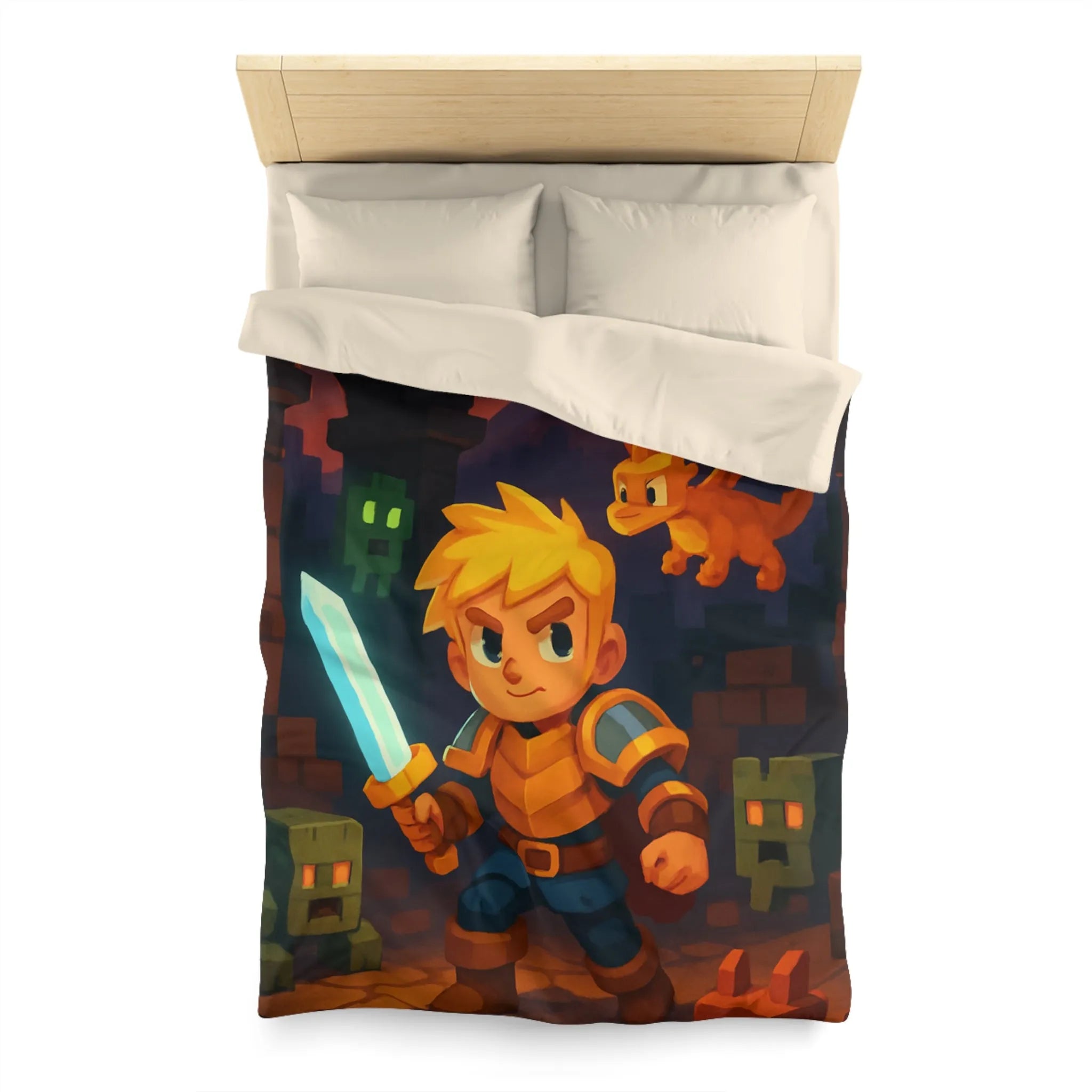 Housse de couette aventure épique avec guerrier, dragon, créatures et volcan en arrière-plan