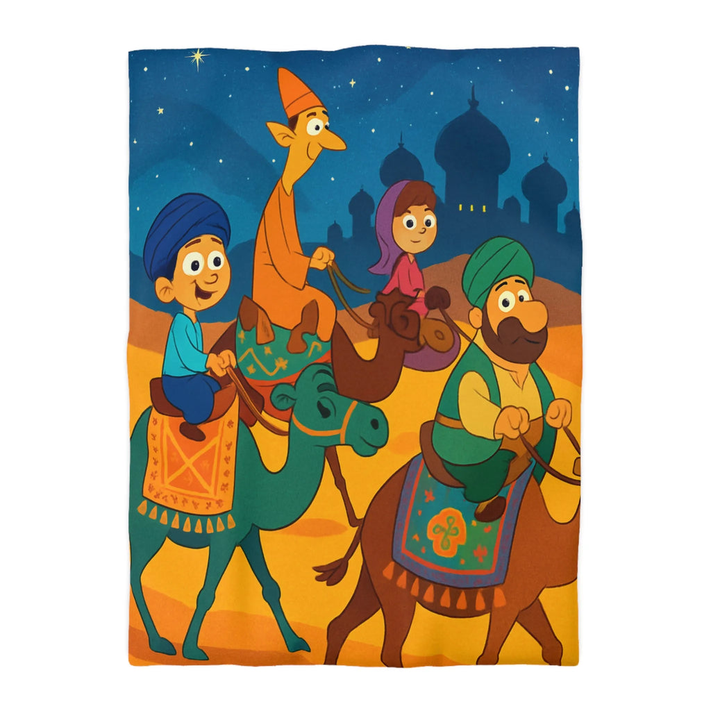 Housse de couette illustrée des enfants et chameaux sous un ciel étoilé magique