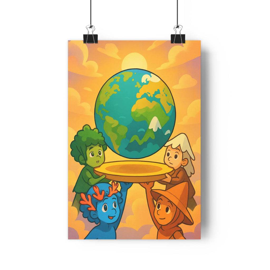 Poster décoratif fantastique écologique vert bleu joyeux enfant aventure nature monde imaginaire harmonieux artistique