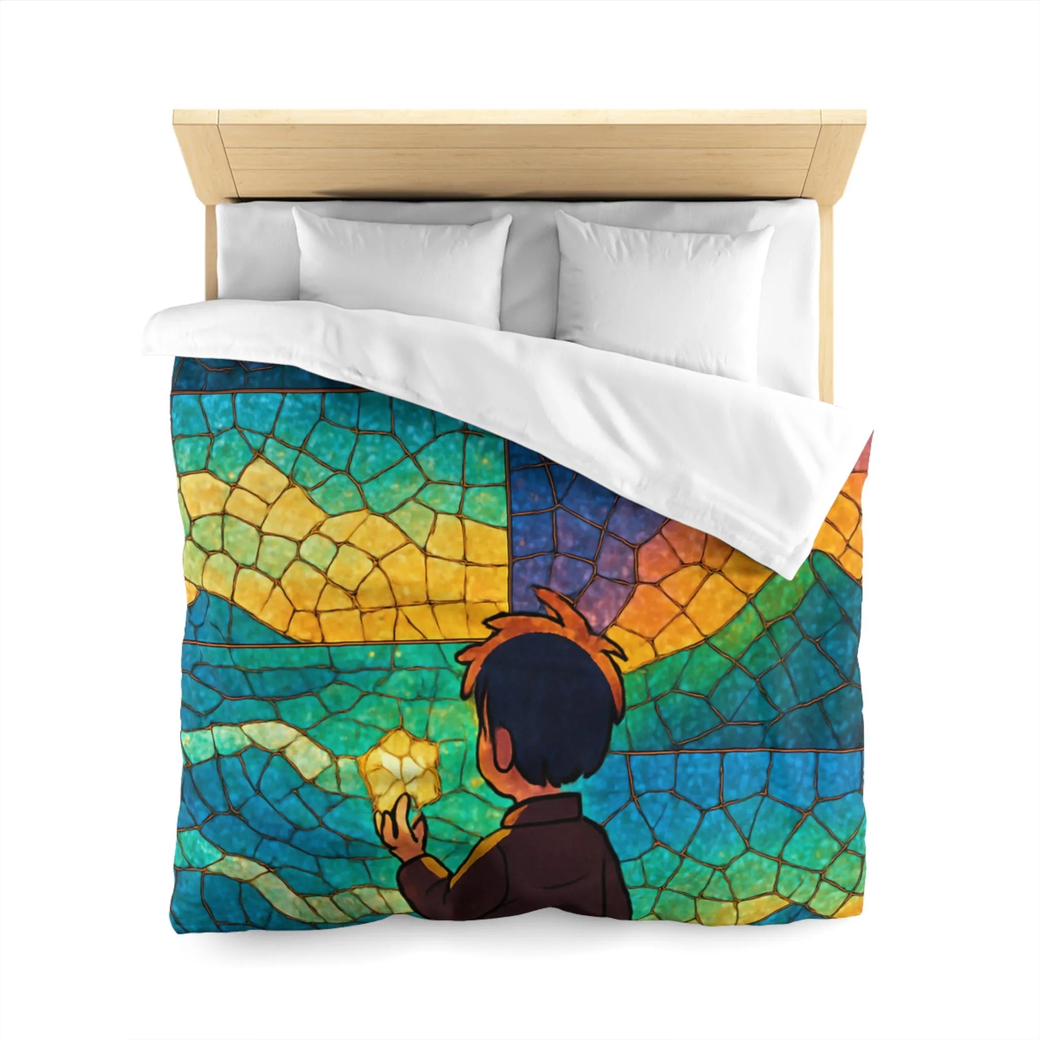 Housse de couette artistique avec paysage montagneux et ciel étoilé coloré en vitrail