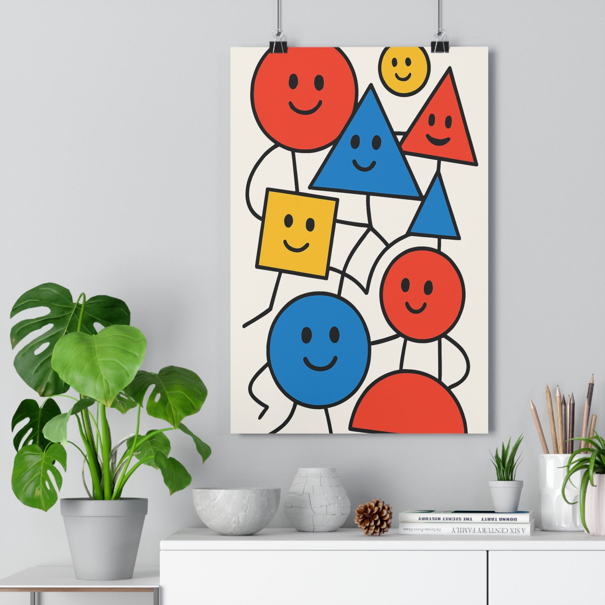 Poster décoratif géométrique coloré rouge bleu jaune cartoon joyeux salon chambre enfant moderne vibrant