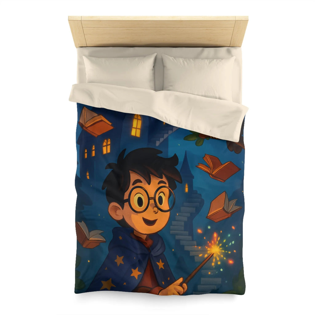 Housse de couette magique avec sorcier, hibou, château et livres enchantés étoiles